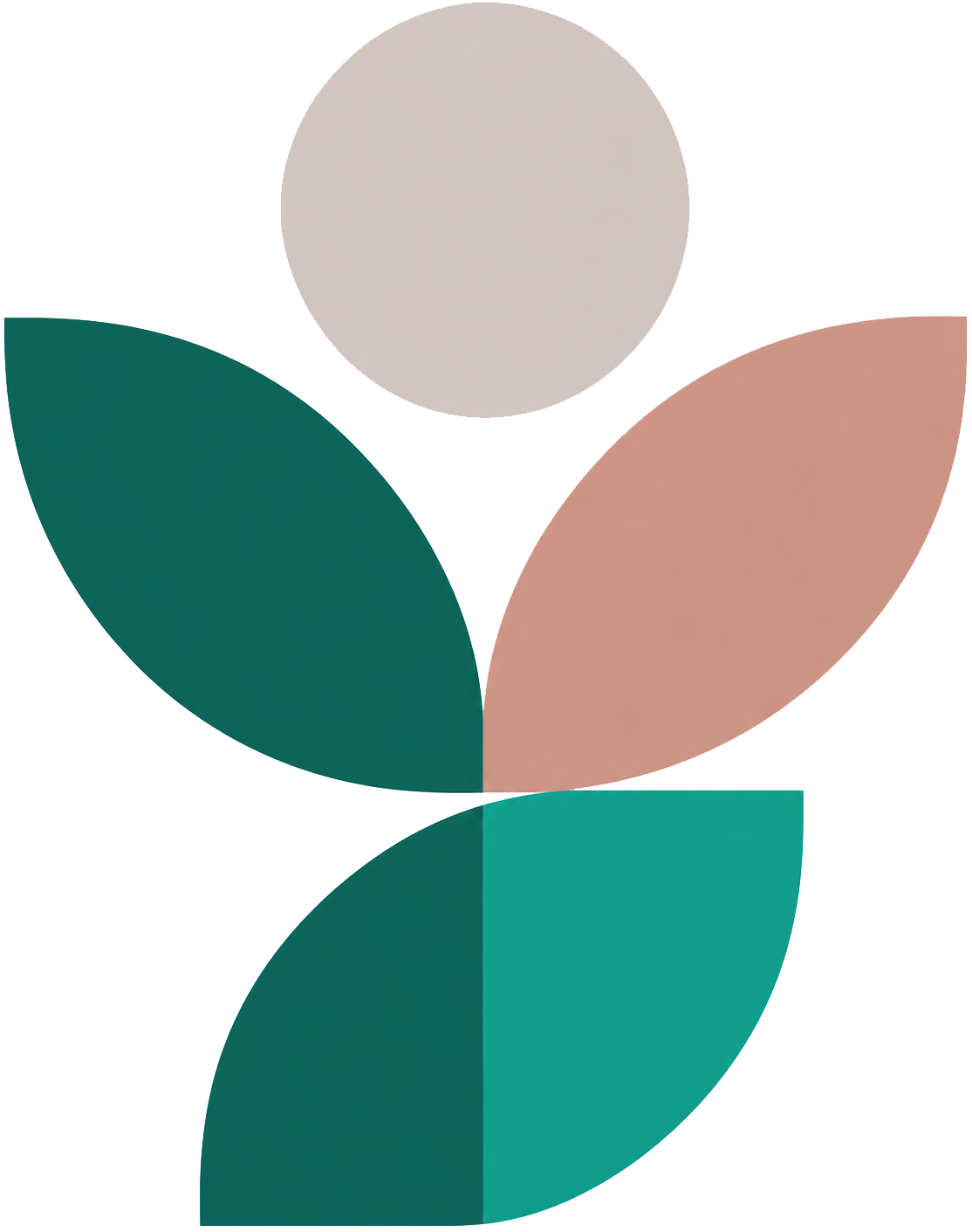 Abstract geometric botanical illustration with overlapping teal, green, peach, and beige leaf shapes