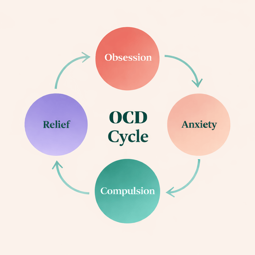 A circular diagram shows the OCD cycle. How can you break free from this exhausting loop of obsessions and compulsions? ERP treatment through online therapy for OCD in Wauwatosa, WI, interrupts the cycle by preventing compulsive responses.