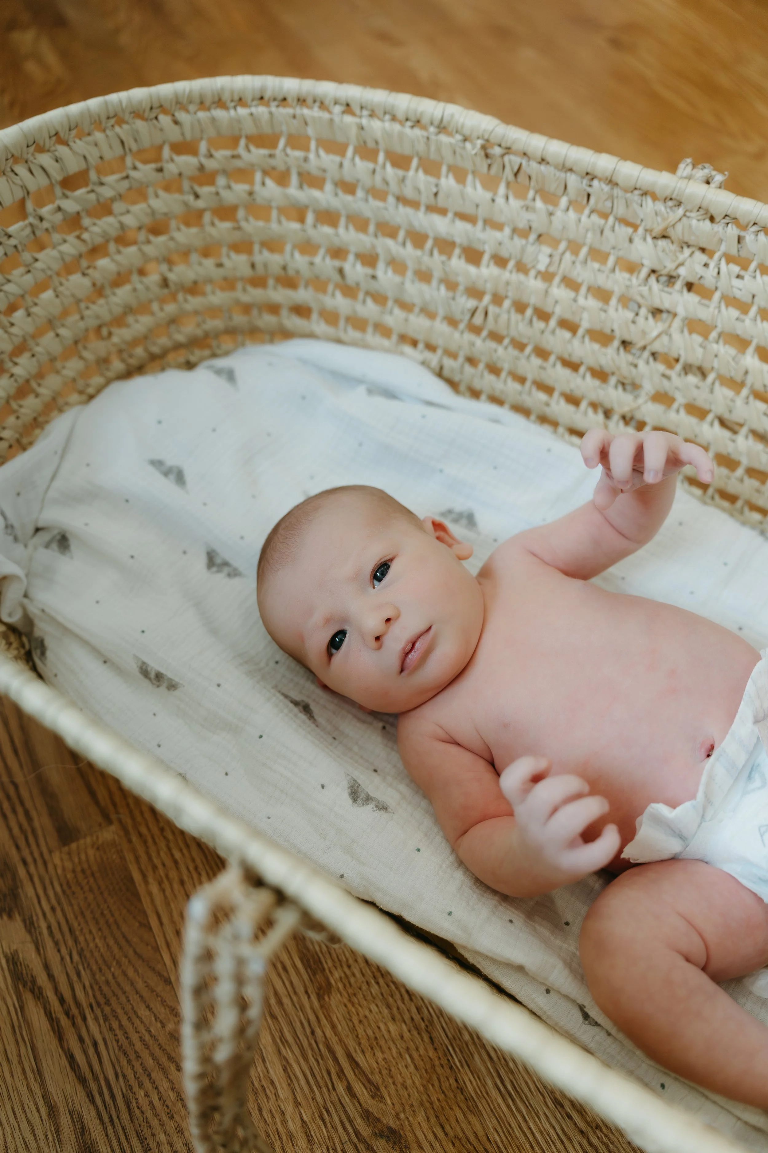A newborn is captured looking at the camera above in a wicker crib. Calgary Lifestyle/Newborn Session with KC Photography