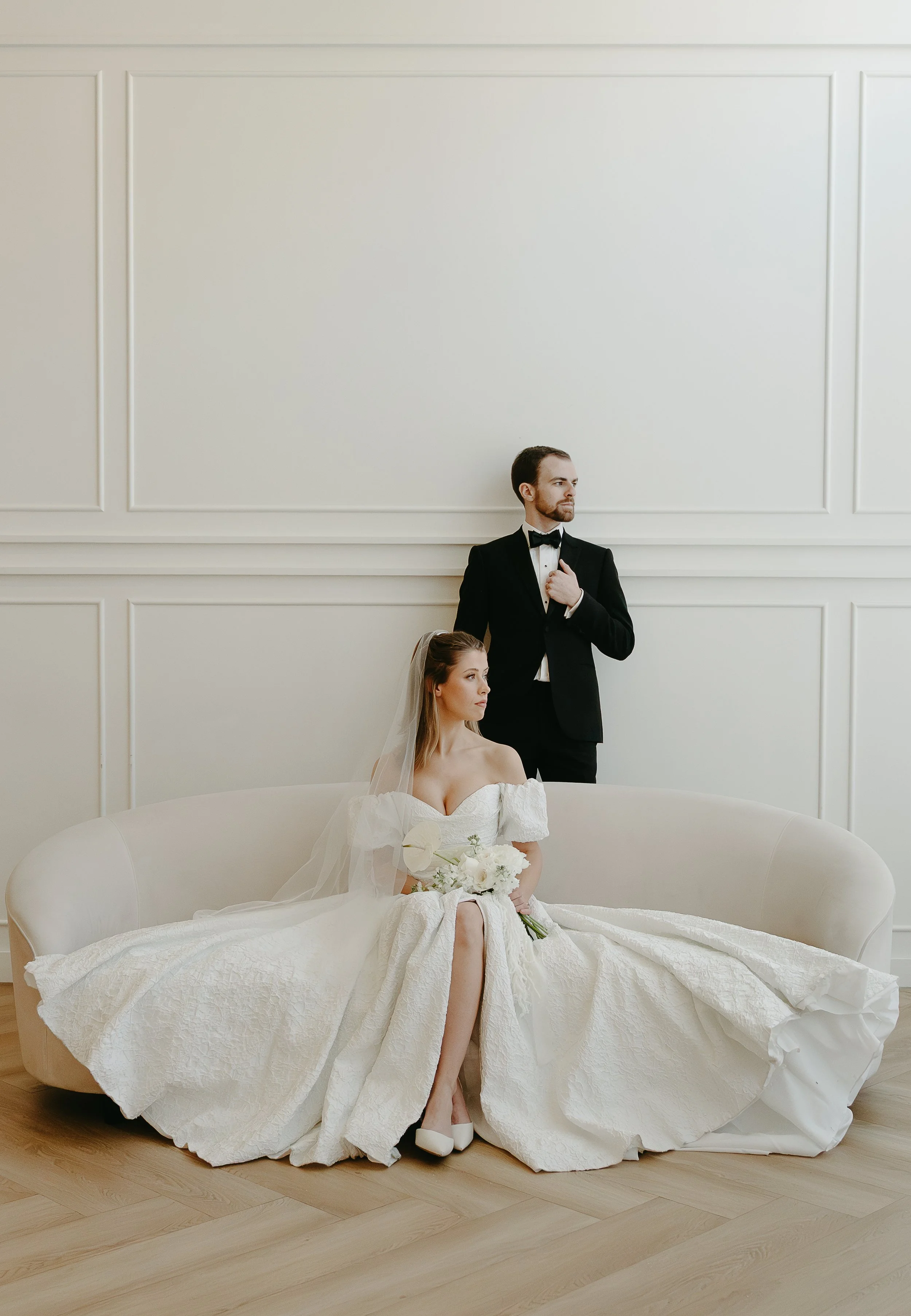 Calgary, Alberta Wedding Photography.  Editorial photos of bride and groom at Studios Vic Park in Calgary.  Dramatic