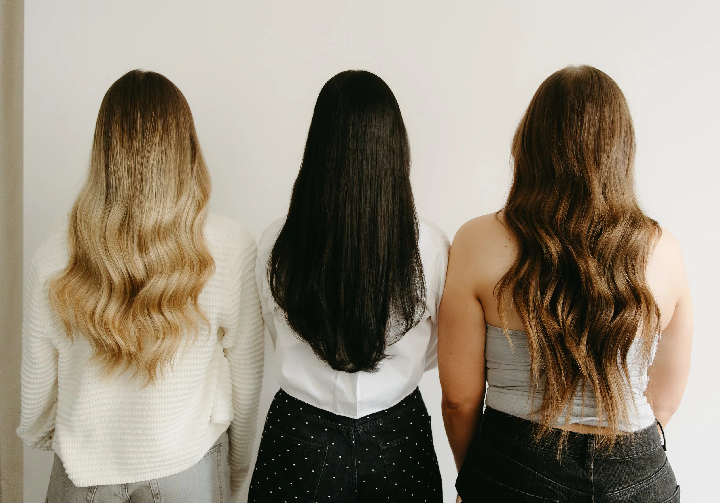 Calgary, Alberta Branding Photography.  Liveable Hair, Goldie Hair, Hair extensions. 3 women with long hair. Full Professional Headshots