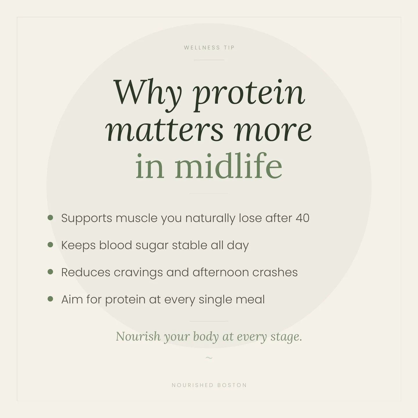 Protein is the one thing I talk about with almost every client. Especially after 40 &mdash; your body needs more of it, not less. Save this one 🌿

#nourishedboston #proteinintake #midlifewellness #womenover40 #nutritioncoach #holisticnutrition #well