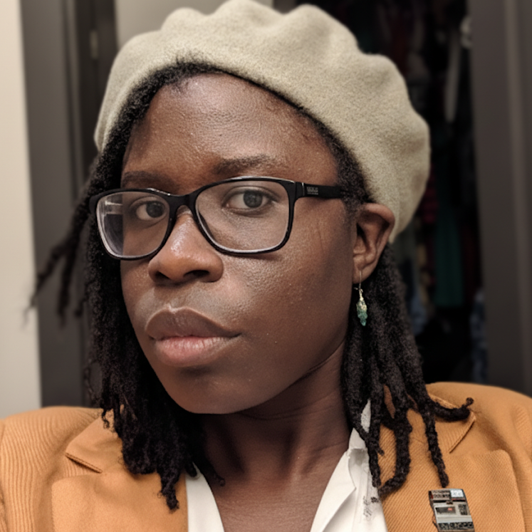 A person with dark skin wearing glasses, a beige beret, a tan blazer, and earrings, standing indoors in front of an open closet.