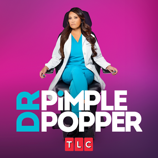 A woman in medical scrubs and a doctor's coat sitting confidently against a purple background with the text 'Dr. Pimple Popper TLC' in bold letters.