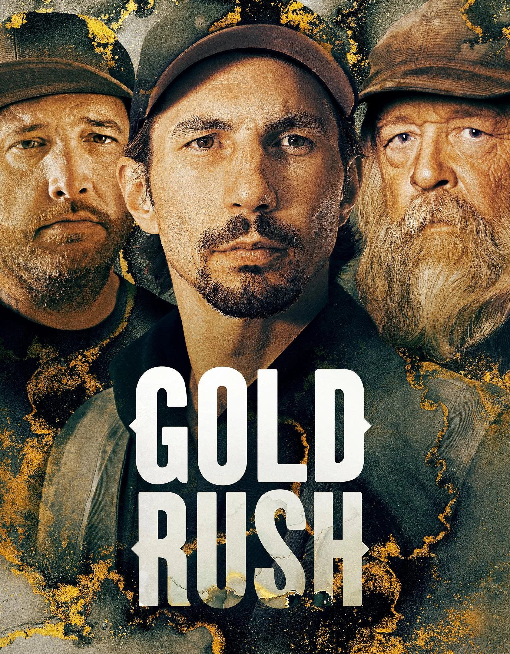 Close-up of three men's faces with the title "Gold Rush" in bold white letters at the bottom.