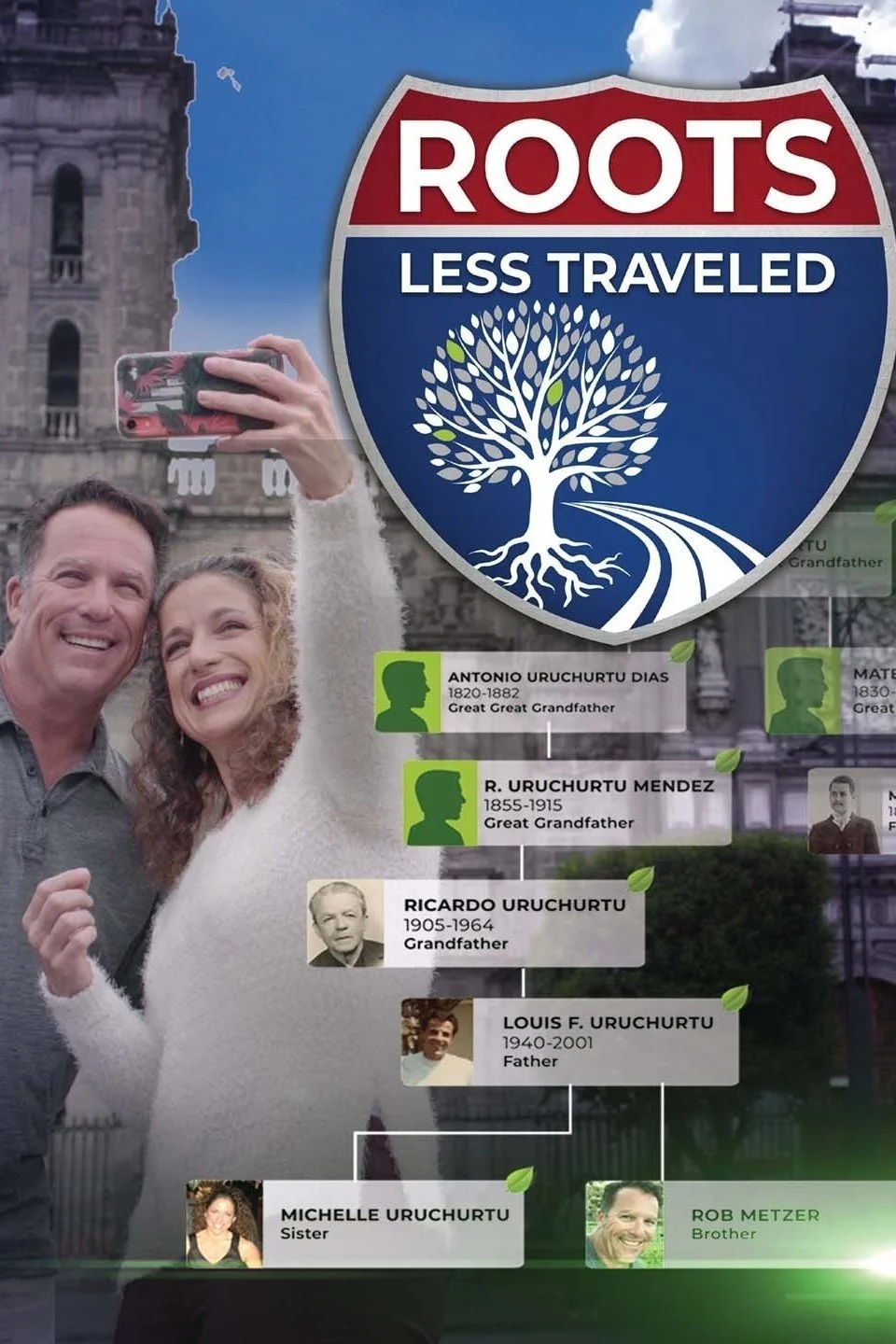 A family taking a selfie in front of a historic building with a large sign that reads 'ROOTS LESS TRAVELED,' showing their family tree with names and photos of ancestors, including great grandfather, grandfather, father, sister, and brother.