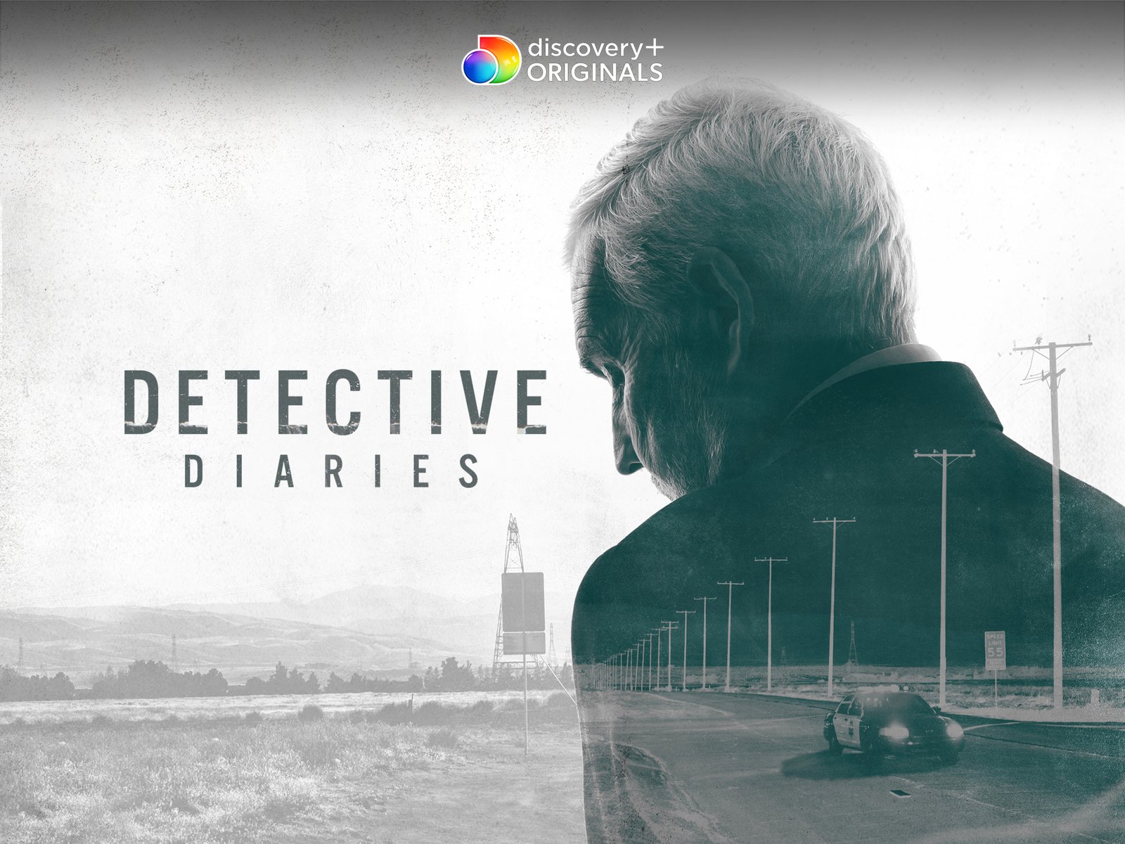 Poster for Discovery+ Originals series "Detective Diaries" featuring a side profile of an elderly man with white hair and a beard, looking downward, superimposed over a road with telephone poles and a police car with flashing lights.