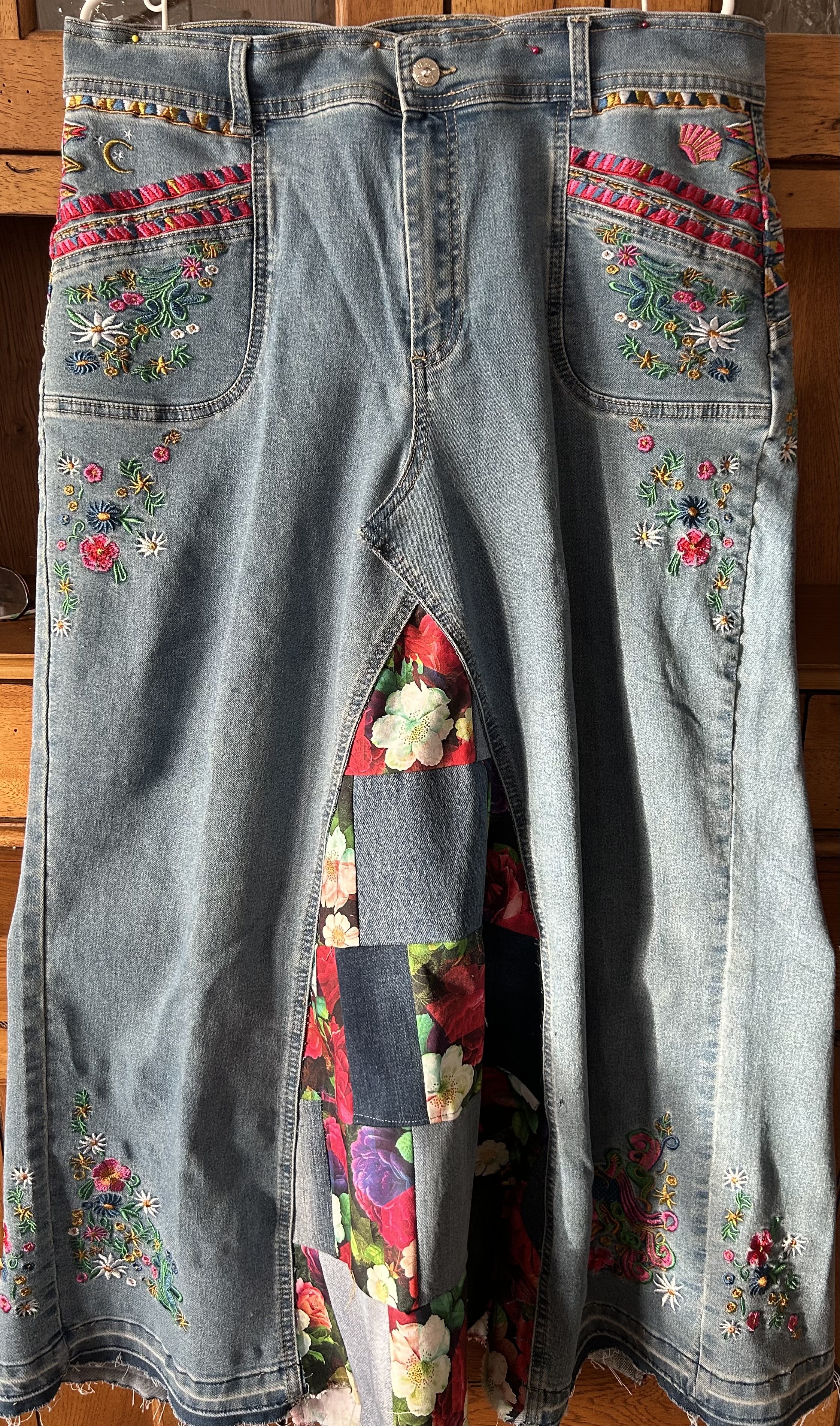 Up-cycled Boho Denim Maxi Skirt
