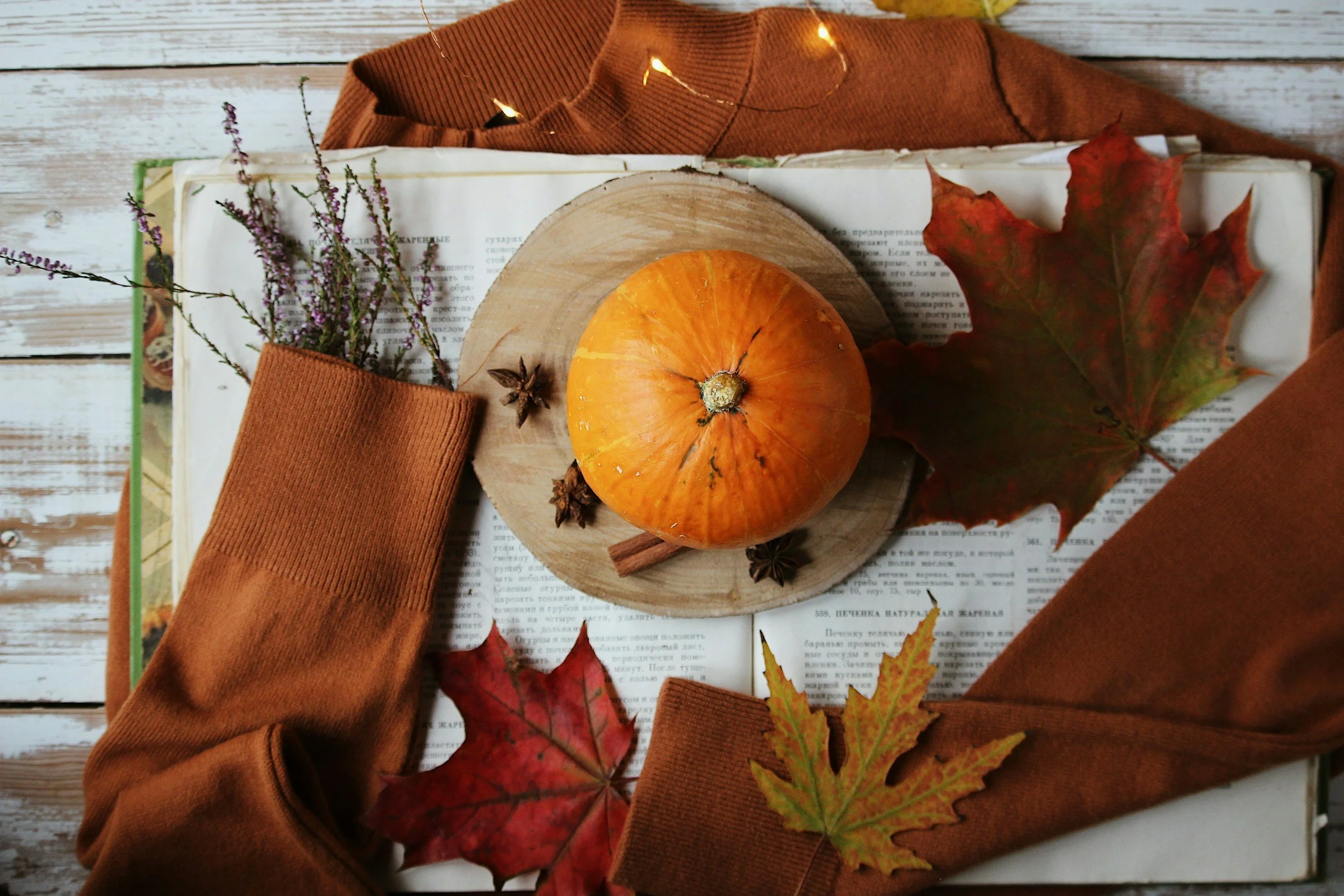 Autumn table scene with an orange pumpkin, scattered fall leaves, a sprig of purple flowers, star anise, cinnamon stick, open book, and a brown sweater on a white wooden surface.