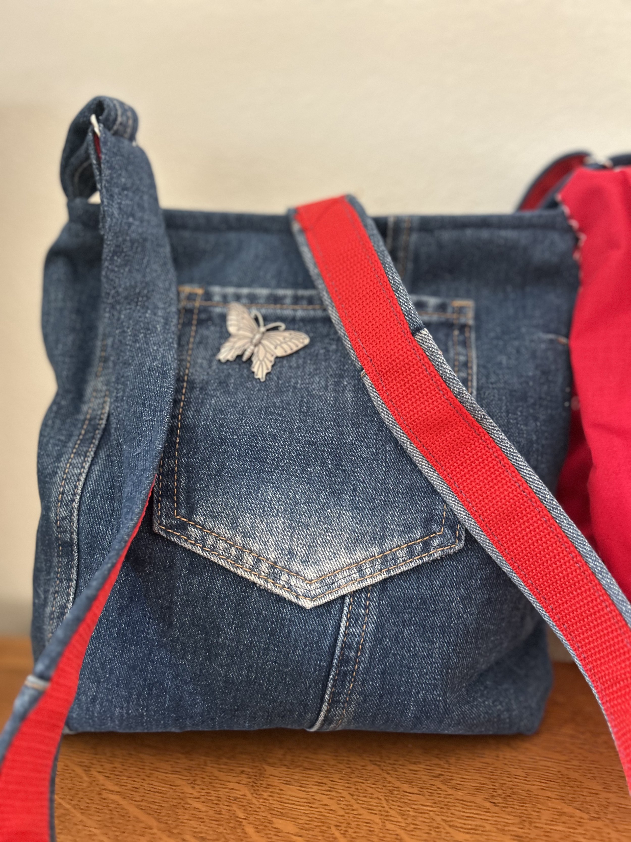 Butterfly & Red Bandana Up-cycled Denim Crossbody Bag