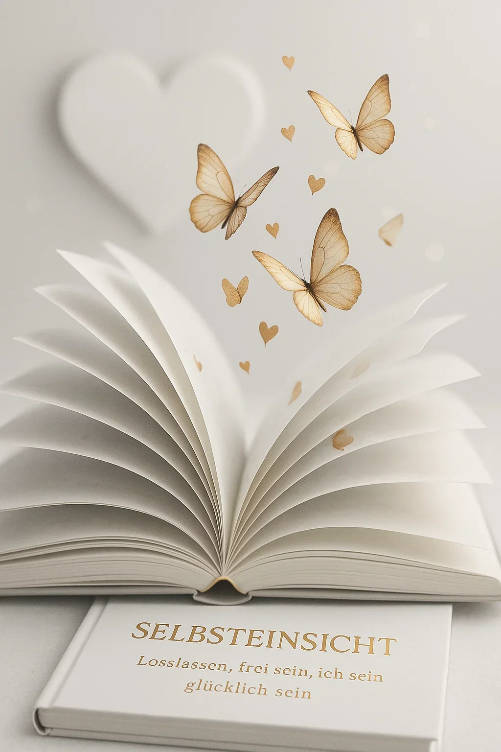An open white book with pages fanned out, with golden butterflies and small gold hearts emerging from it, against a blurred white background with a white heart-shaped object. The book has a white cover with gold text in German that reads 'Selbsteinsicht' and a subtitle translating to 'Let go, be free, be happy.'