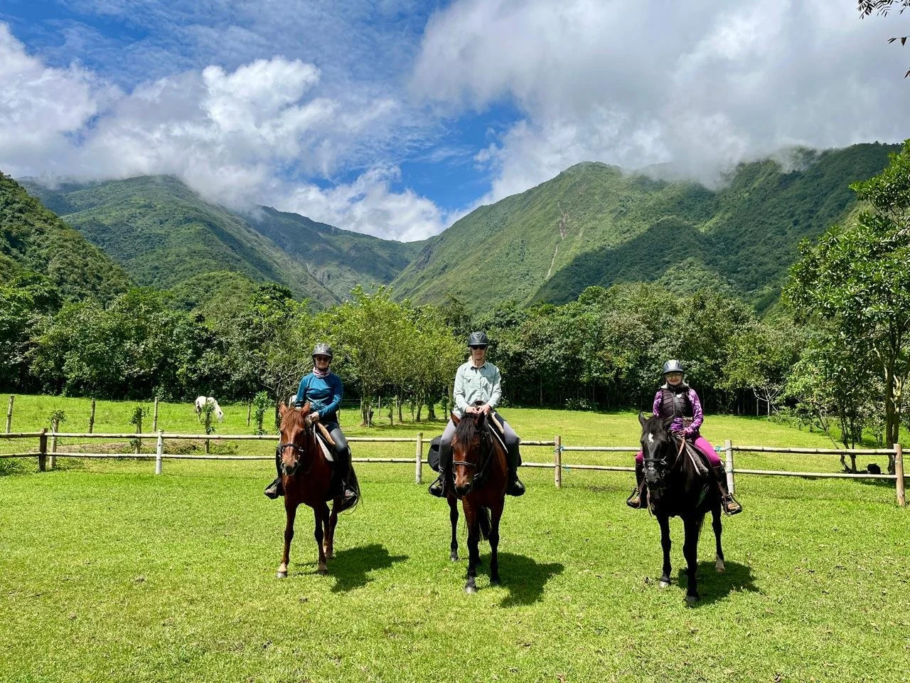 Three people riding horses in a grassy field with mountains and trees in the background, under a partly cloudy sky.