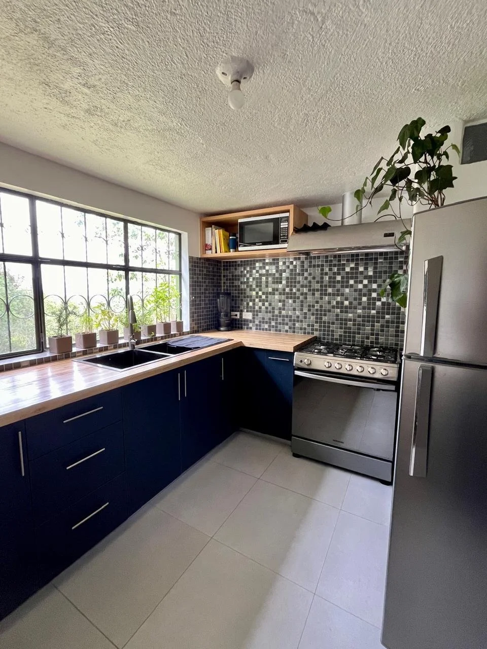 Modern kitchen with navy blue cabinets, wooden countertops, gray tile backsplash, stainless steel stove, refrigerator, microwave, and a window with potted plants.