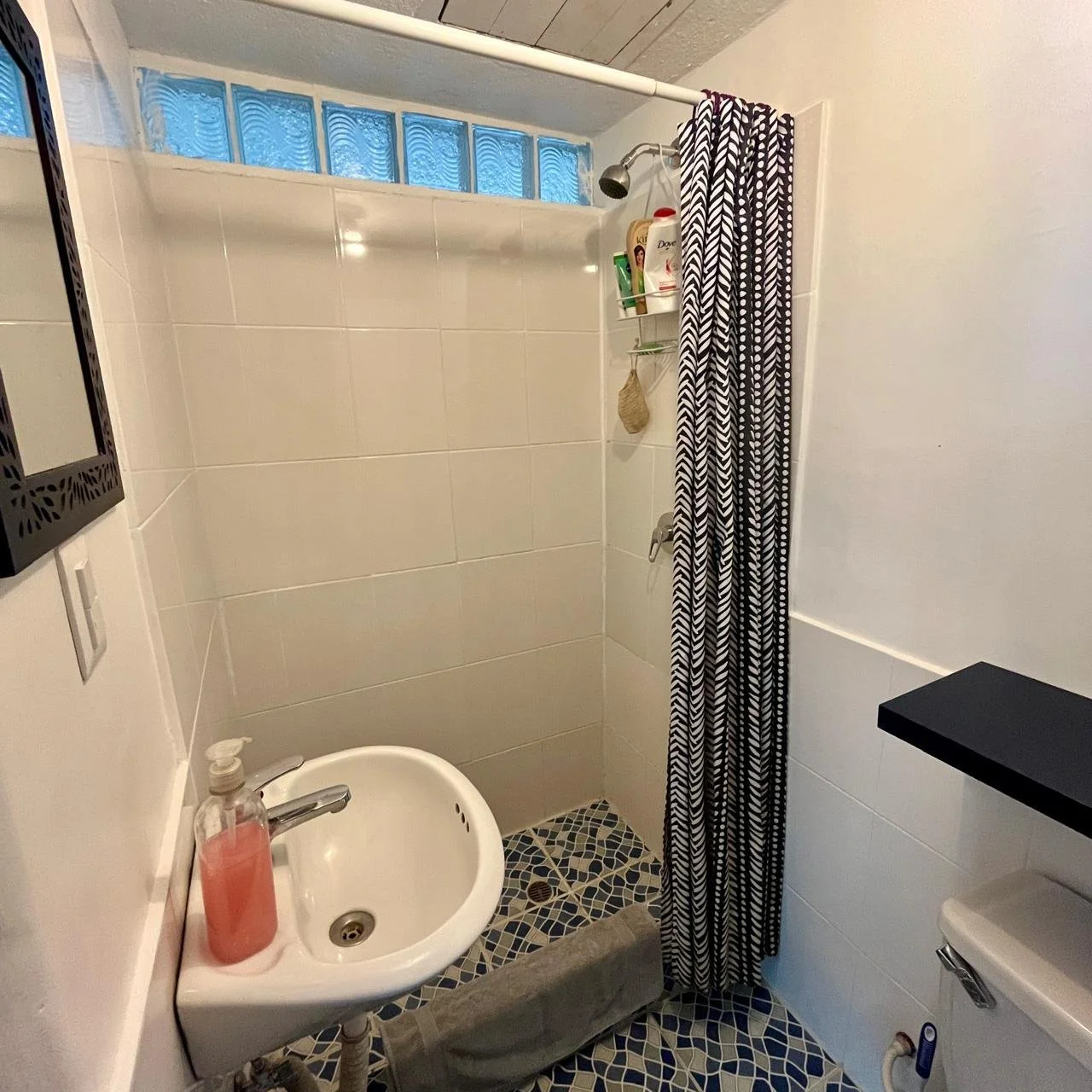 Small bathroom with a sink, soap dispenser, and a shower with a black and white patterned curtain. There are glass blocks above the shower for light, a shelf with toiletries, and a small black shelf above the toilet.