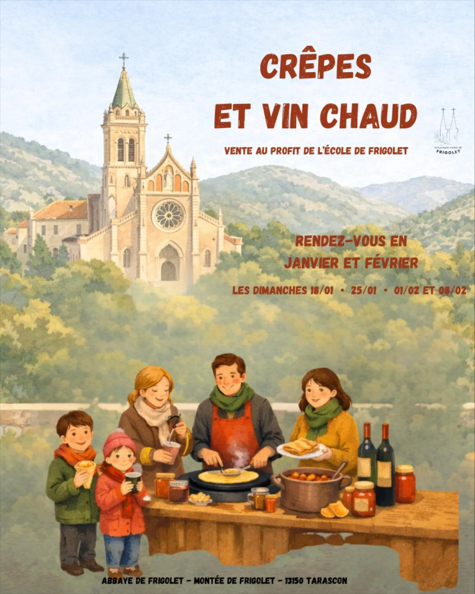 ✨ Cr&ecirc;pes &amp; vin chaud ✨

Pendant quatre semaines, les familles de l&rsquo;&eacute;cole vous proposent un stand gourmand au c&oelig;ur de l&rsquo;abbaye de Frigolet, chaque dimanche de janvier et f&eacute;vrier.

Cr&ecirc;pes, vin chaud, mais