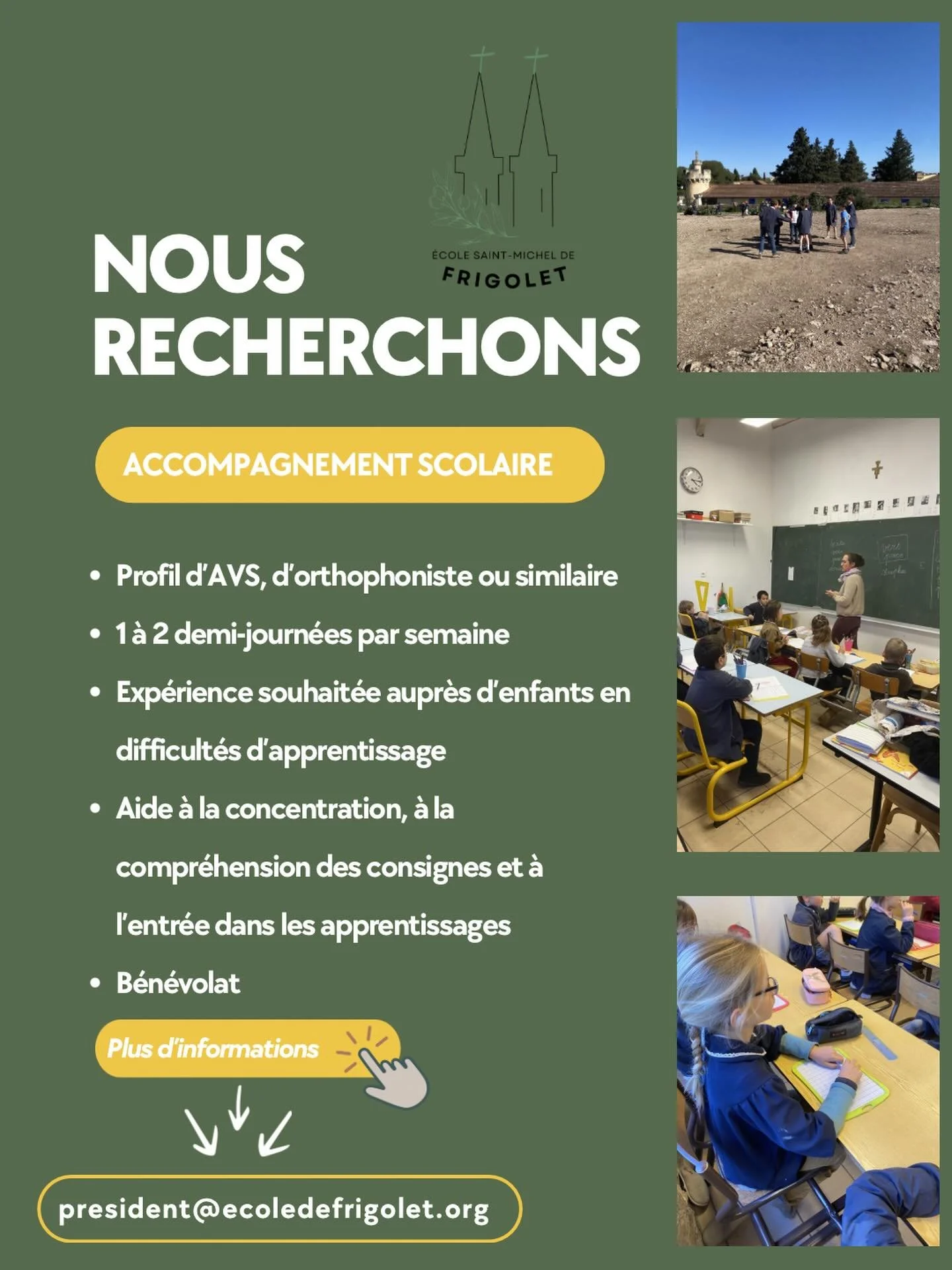 Dans le cadre de l&rsquo;accompagnement de certains &eacute;l&egrave;ves, notre &eacute;cole recherche actuellement un b&eacute;n&eacute;vole pour du soutien scolaire en classe.

Recherche d&rsquo;un b&eacute;n&eacute;vole pour de l&rsquo;accompagnem