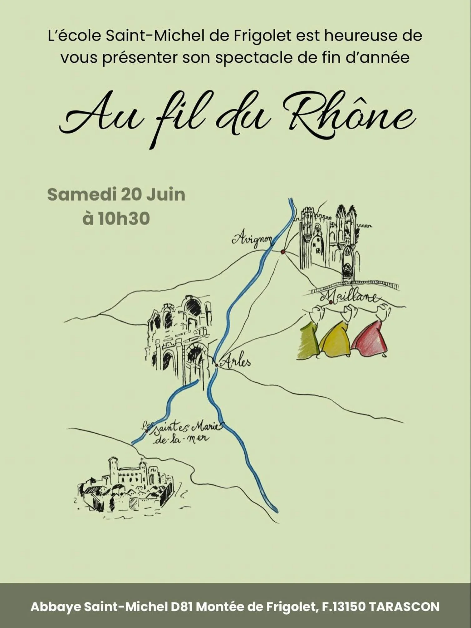 🎭✨ Au fil du Rh&ocirc;ne ✨🎭

Cette ann&eacute;e, nos &eacute;l&egrave;ves vous invitent &agrave; embarquer pour un voyage dans le temps au fil des eaux du Rh&ocirc;ne.

D&rsquo;Arles &agrave; Maillane, en passant par les Saintes-Maries-de-la-Mer et