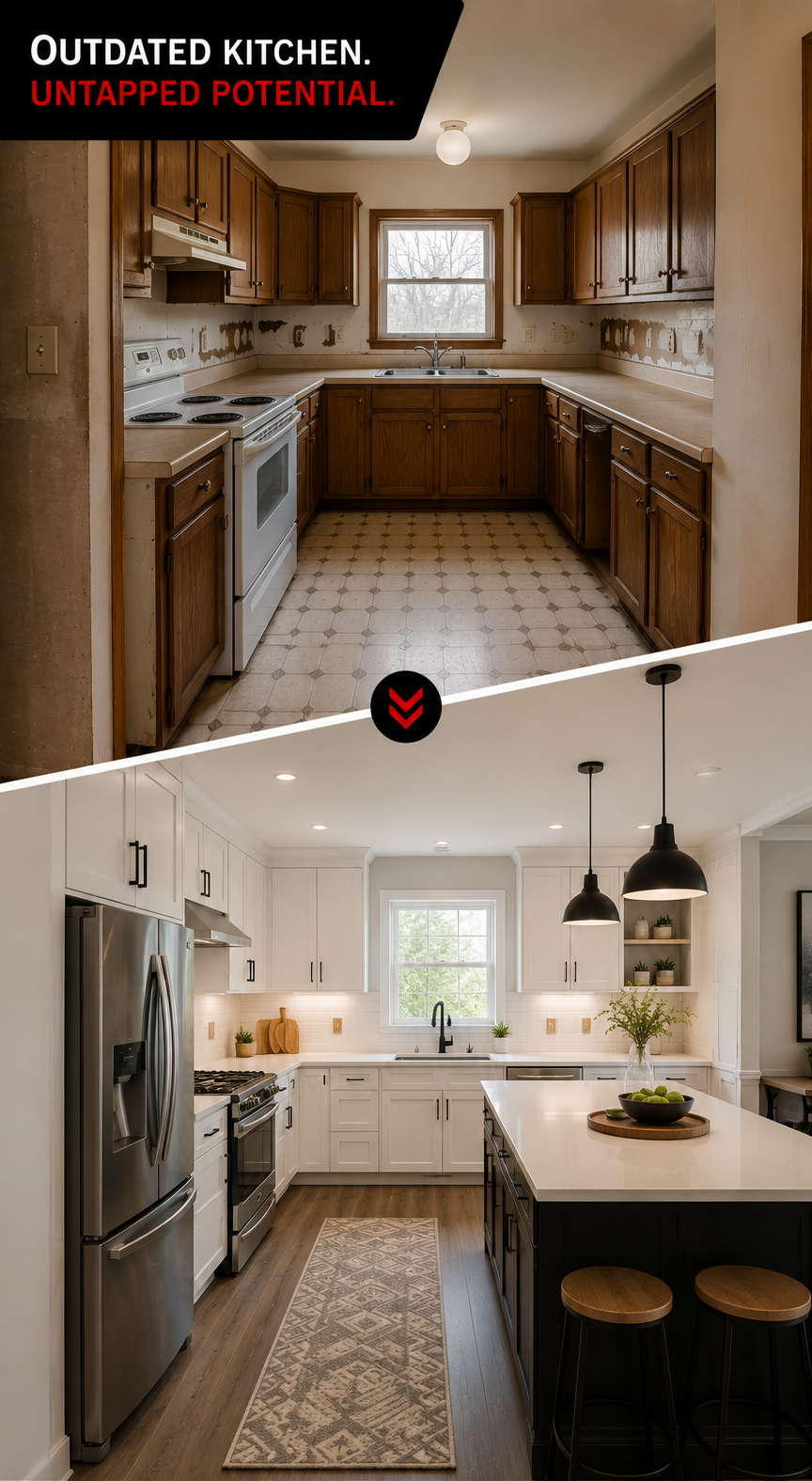 Comparison of old kitchen with wooden cabinets and outdated design versus modern kitchen with white cabinets, black island, and new appliances.