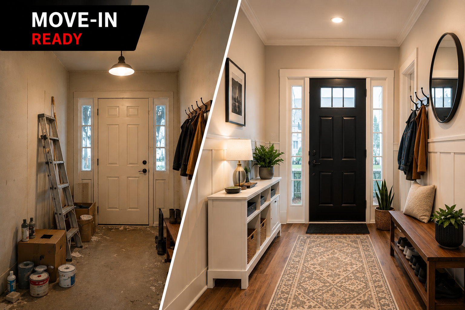 Comparison image showing a before and after of an entryway renovation. The left side shows a cluttered, unfinished entry with a ladder, boxes, and a bare floor. The right side shows a finished, decorated entry with a black door, a mirror, plants, a console table, benches, and hardwood flooring.