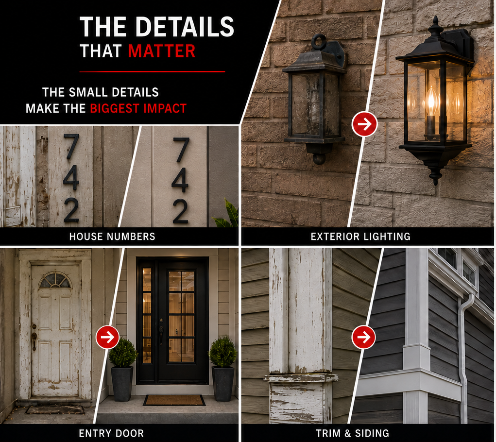 Comparison of house exterior details: house numbers, exterior lighting, entry door, and trim & siding, showing the impact of small details on curb appeal.