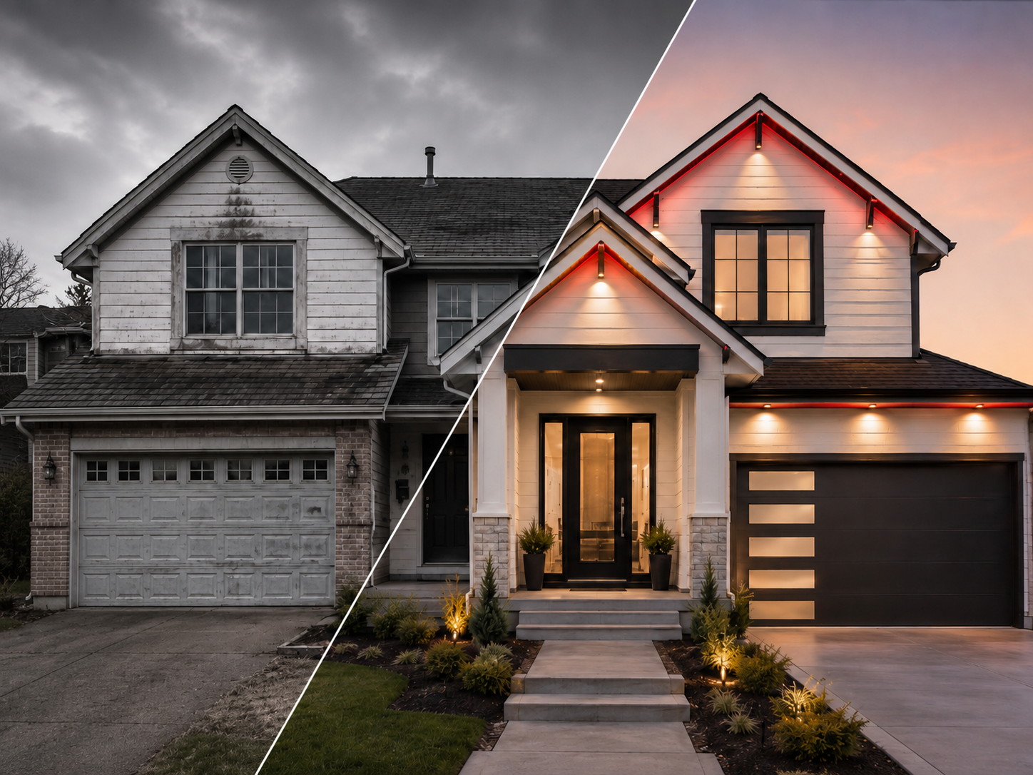 Comparison of an old, weathered house with peeling white paint, and a modern, newly renovated house with exterior lighting and landscaping at dusk.