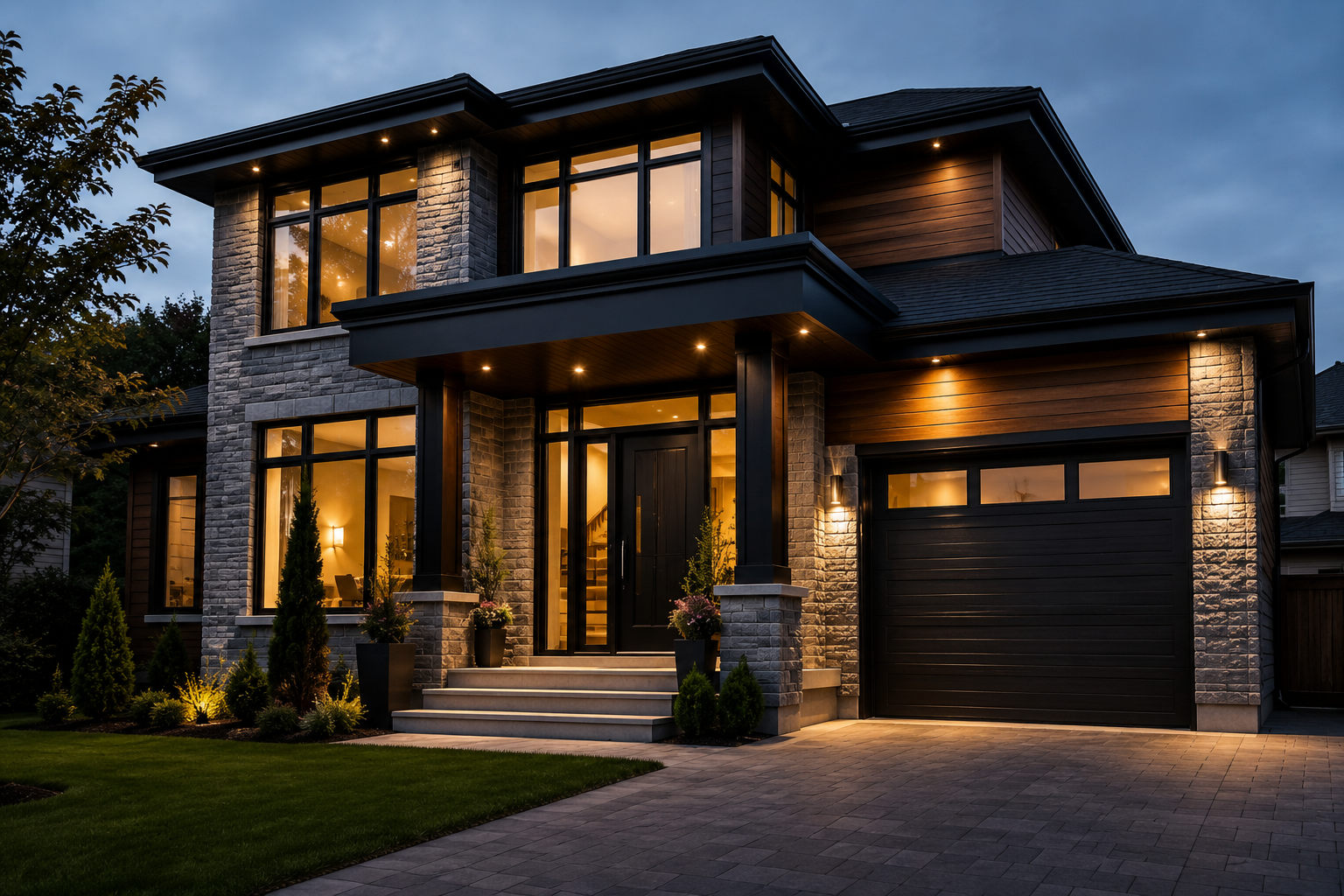 Modern two-story house with large windows, a black garage door, front steps, and exterior lighting at dusk.