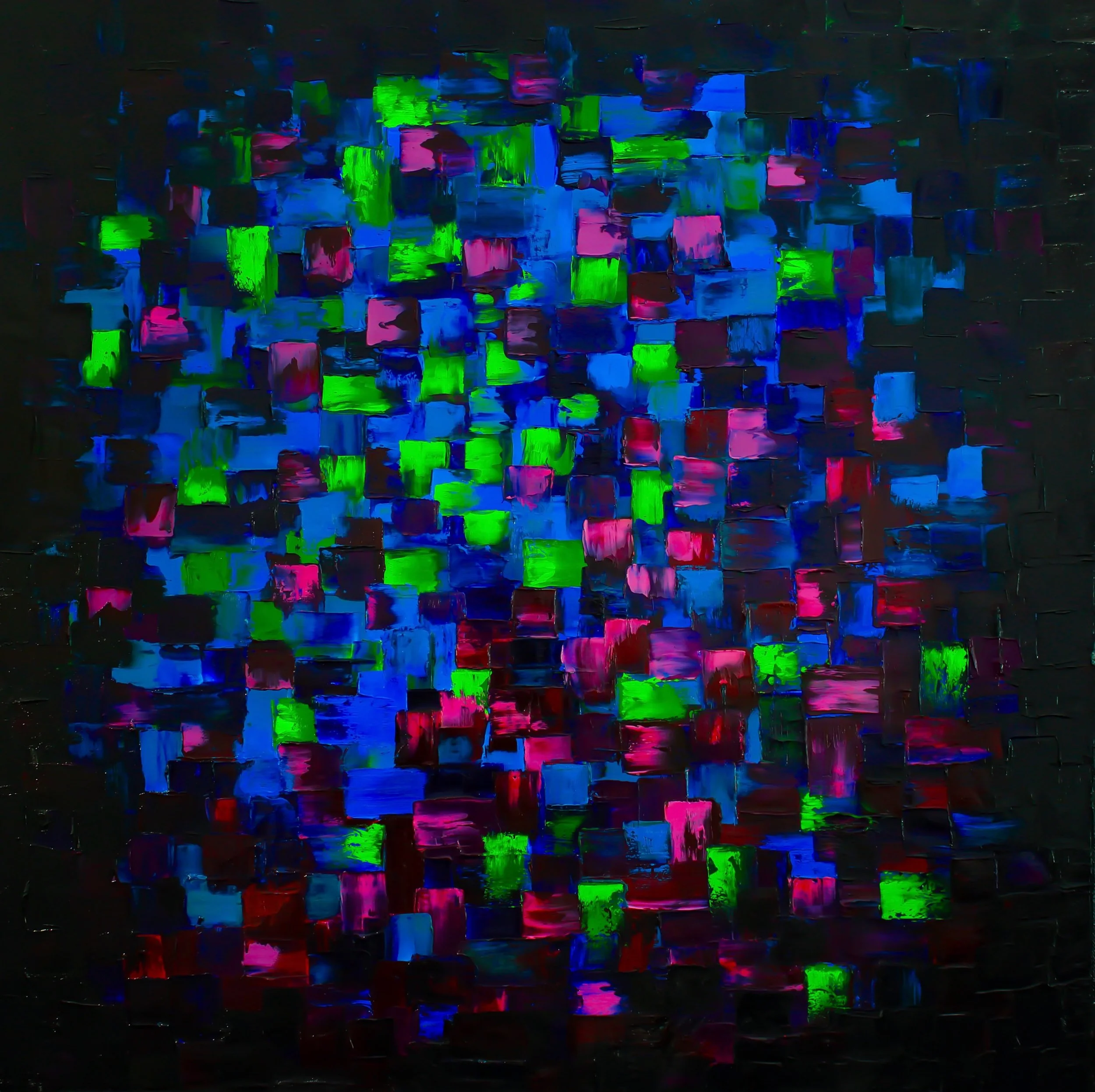 Pixels (2018)
Oil on canvas, 24&rdquo; x 24&rdquo;
Gallery-wrapped canvas (ready to hang)
500💰 | Available

Heavy texture, stark dark edges, and vibrant cool neon tones come together in Pixels&mdash;an older sister piece to my current work in progre