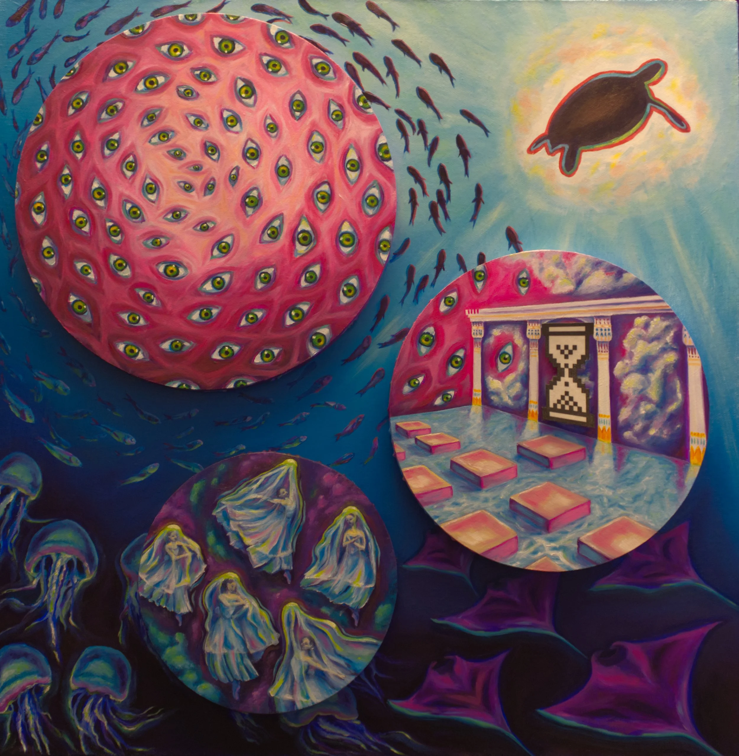 Windows of Surveillant Tranquility, 2026, Oil on Multiple Canvases, 24 x 24 inches