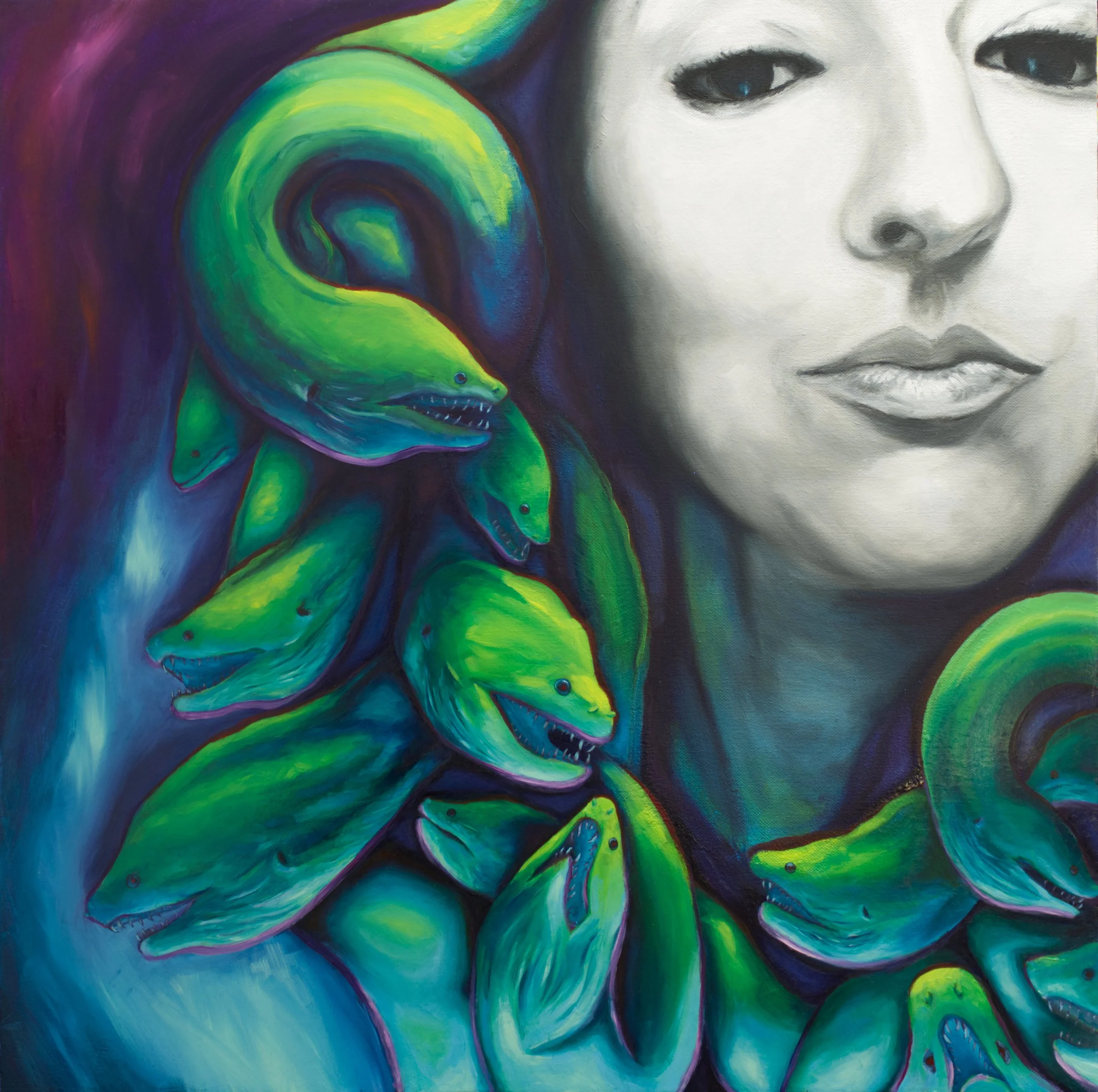 A painting of a woman’s face partially visible on the right, with green snake-like creatures with dinosaur heads on the left.