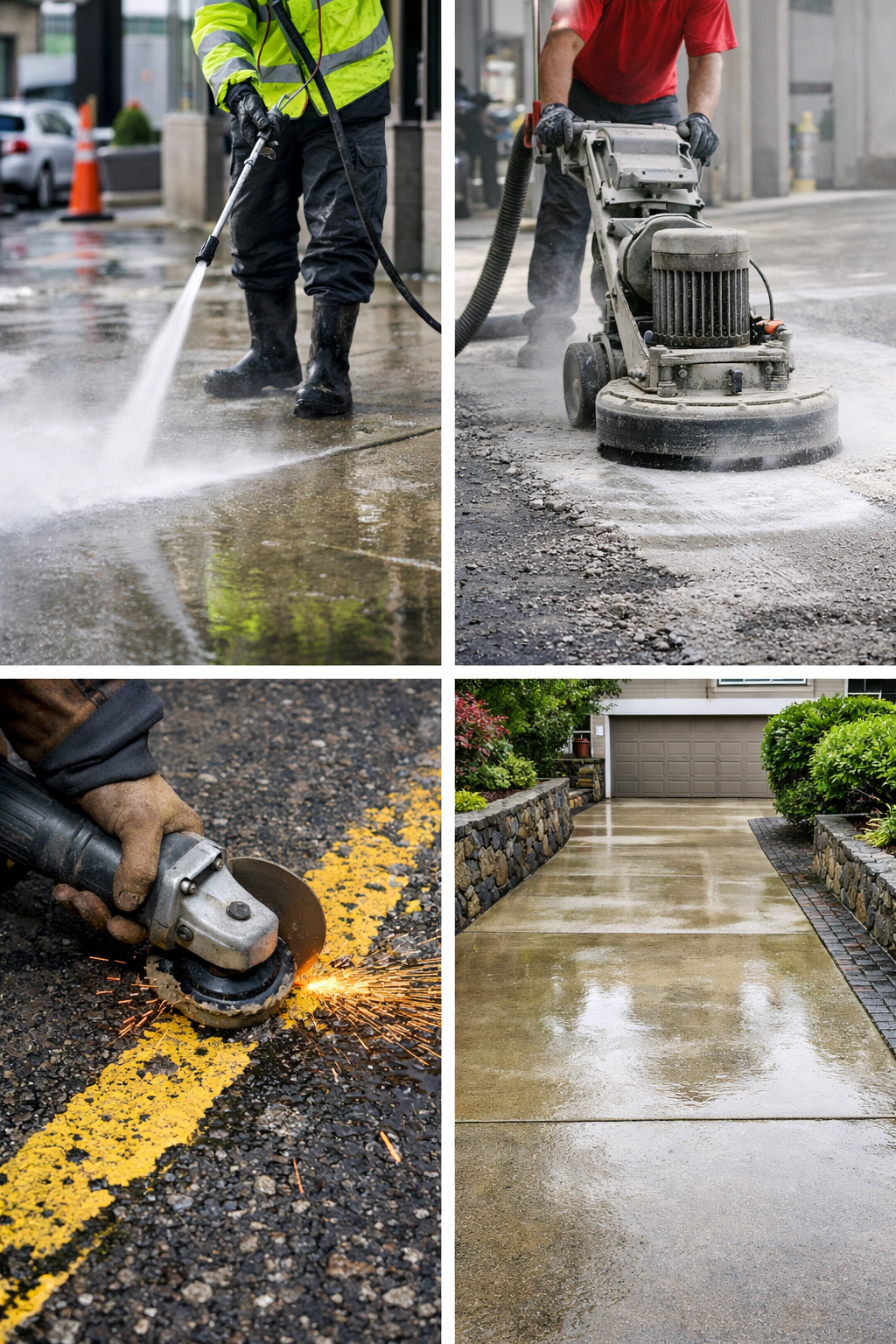 The images depict various stages of driveway and sidewalk cleaning and maintenance. The first image shows a worker power washing a concrete surface in an urban setting. The second image shows a worker using a large floor grinder or scarifier on a concrete surface. The third image shows a worker grinding or cutting a yellow line on asphalt with sparks flying from the power tool. The fourth image shows a clean, wet concrete driveway in a residential area, bordered by stone and green plants.