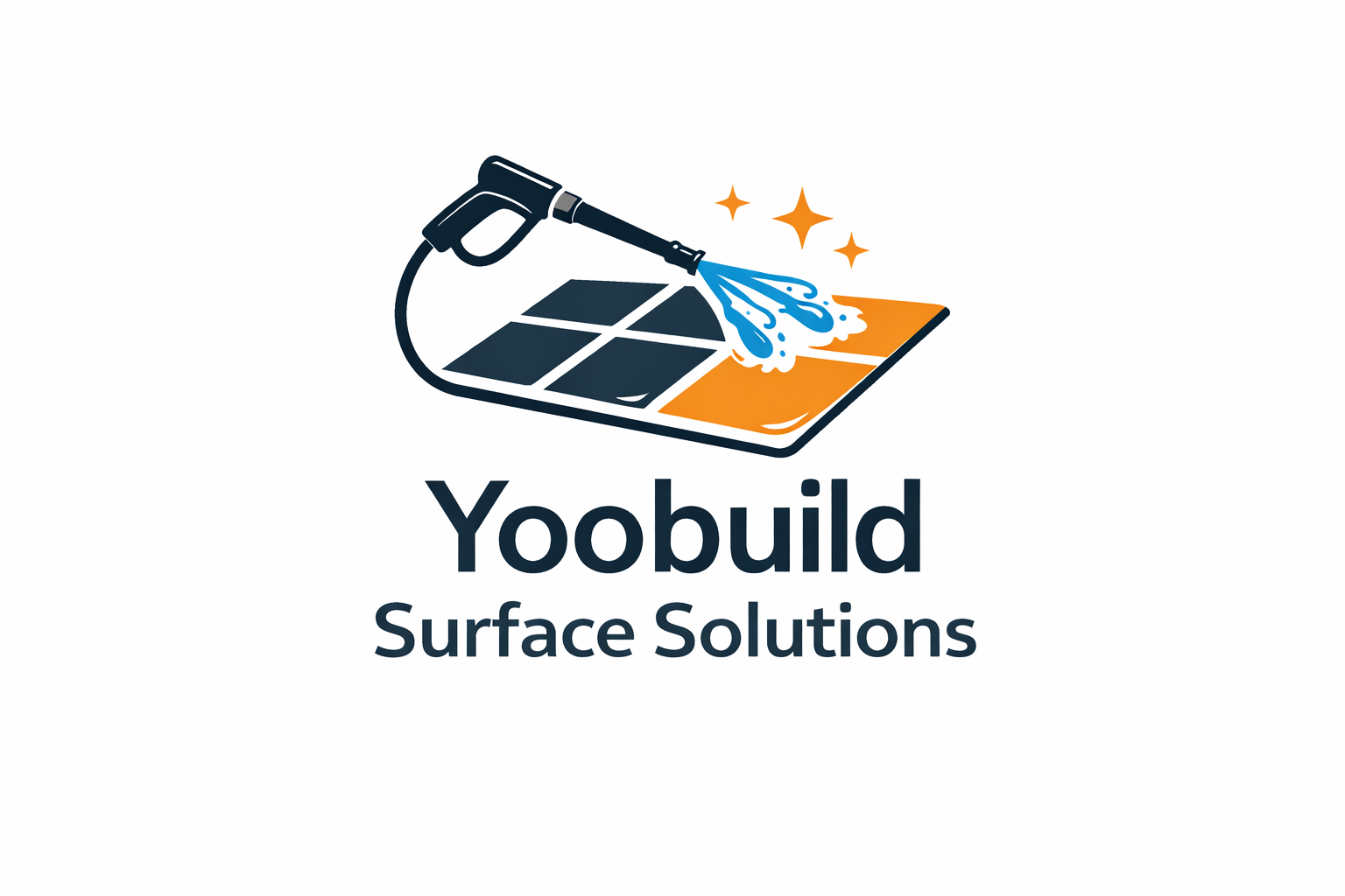 Logo for Yoobuild Surface Solutions featuring a spray gun spraying water on surface tiles with sparkles, and text that reads 'Yoobuild Surface Solutions'.