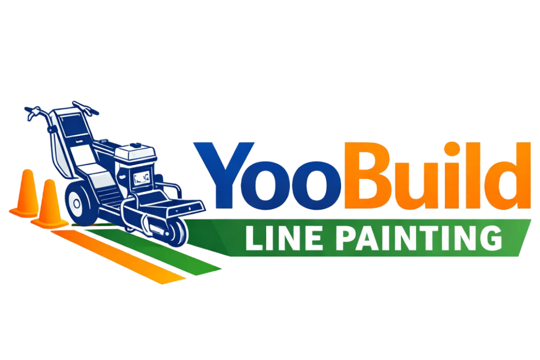 Logo for Yoo Build Line Painting featuring a line painting machine, orange cones, and colorful text.