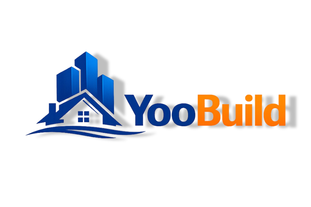 YooBuild logo featuring a blue house with a roof, window, and stylized skyscrapers in the background, with 'YooBuild' written beside it.