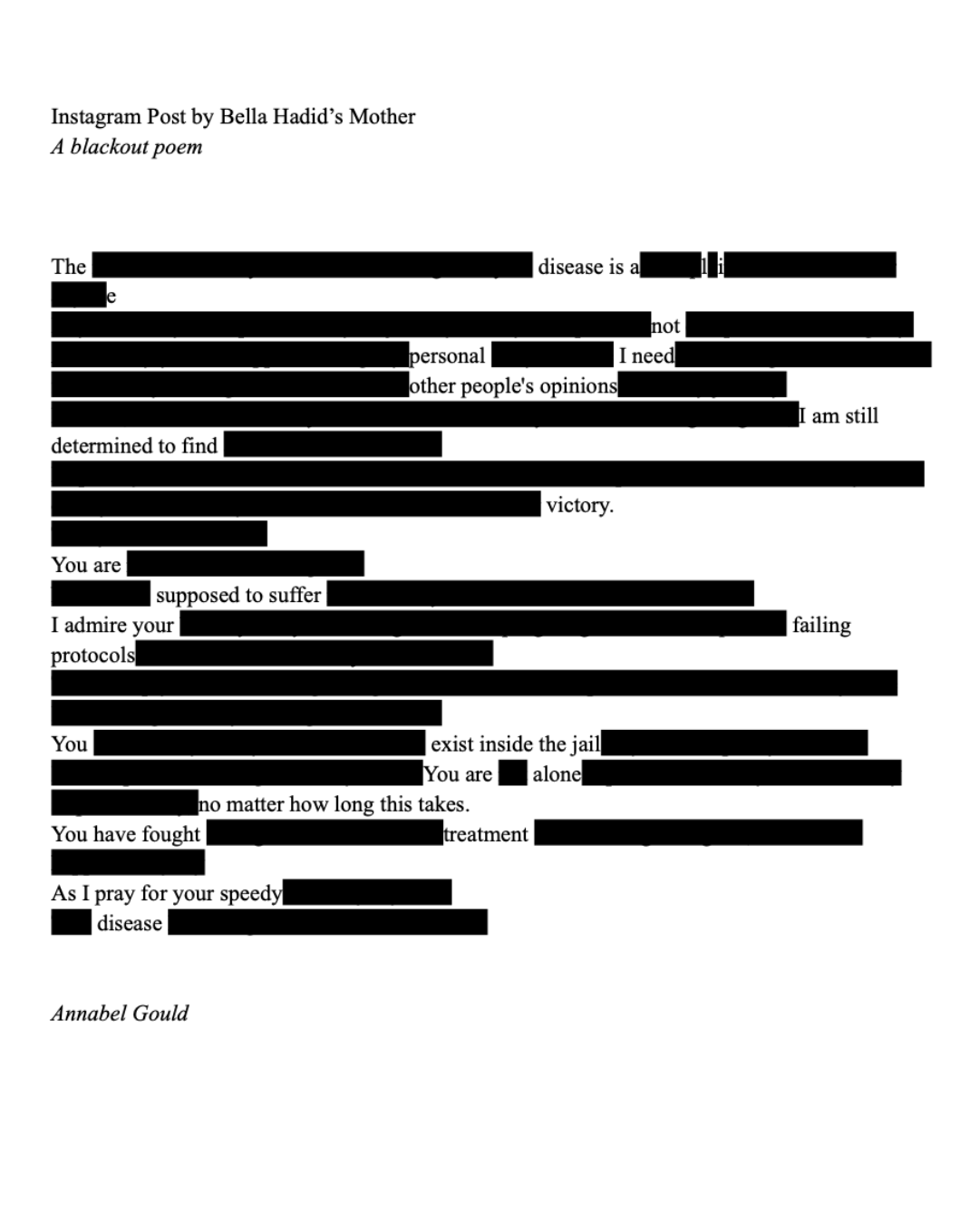instagram post by bella hadid’s mother, a blackout poem