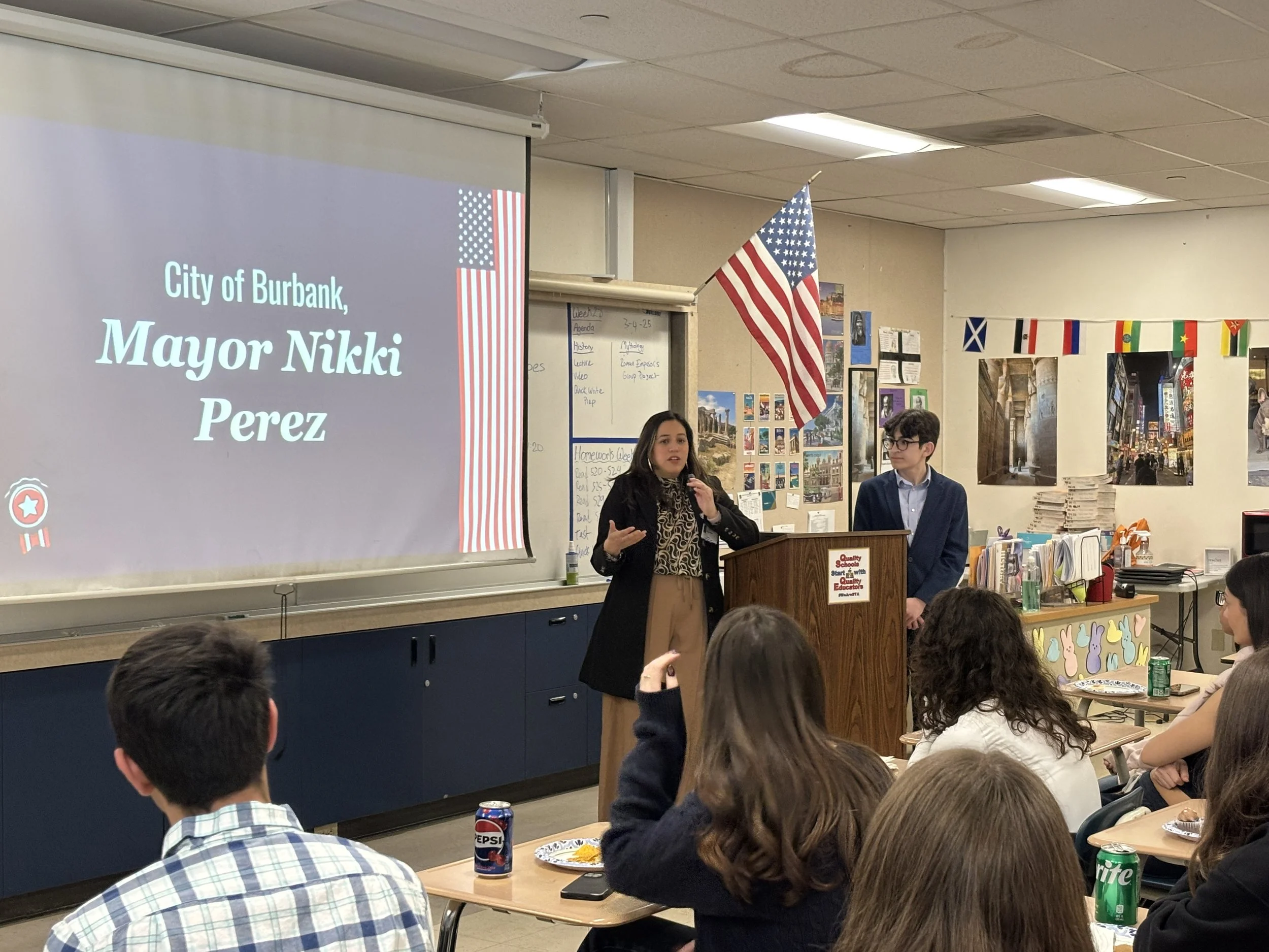 Mayor Nikki Perez speaking to students on her experiences as Mayor of Burbank.