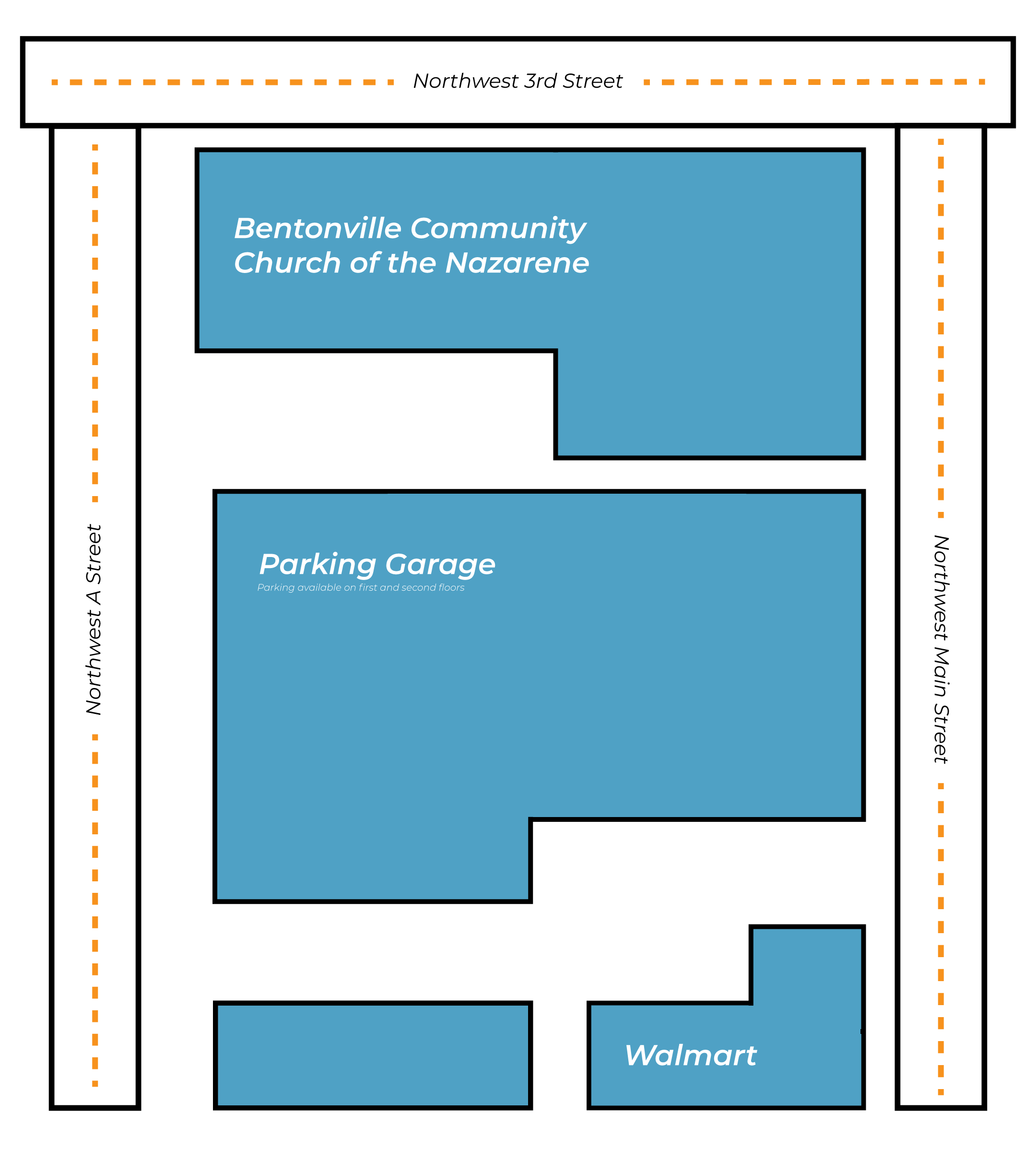 Floor plan showing a church, a parking garage, and a Walmart store with dotted orange boundary lines.