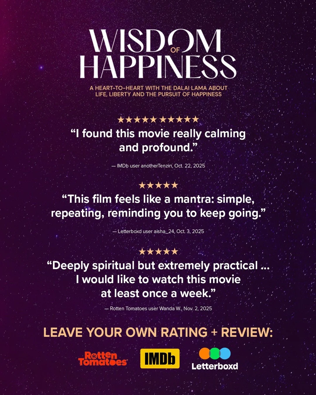 Has a documentary ever changed your life?

If you've been part of the WISDOM OF HAPPINESS audience, consider leaving a review on your favorite platform. Help more people encounter a film that will change the way they see the 🌎.