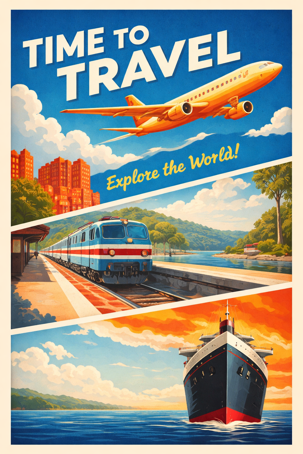 Vintage travel poster with airplane flying over city, train on tracks by lake, and cruise ship on open water, with the text 'Time to Travel' and 'Explore the World!'