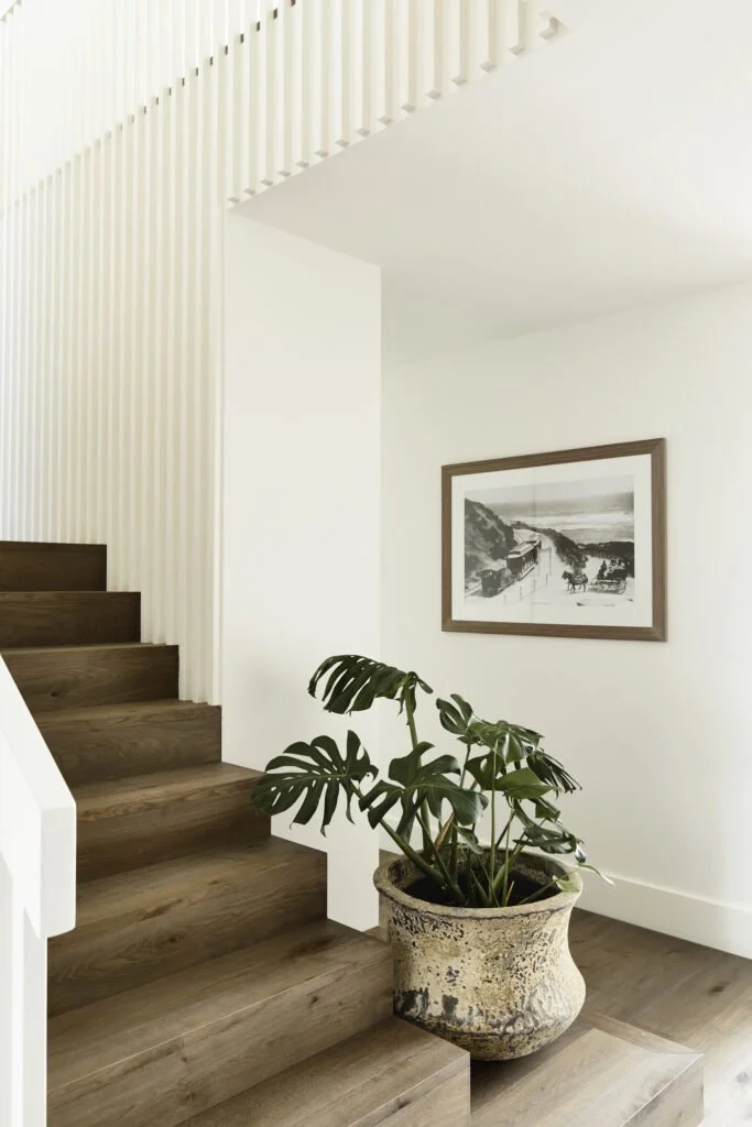 Interior of a modern home featuring a wooden staircase, a potted plant with large green leaves, white walls, and a framed black-and-white photograph on the wall.