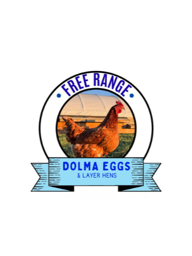 Logo for free-range Dolma eggs and layer hens, featuring a hen in front of a henhouse.