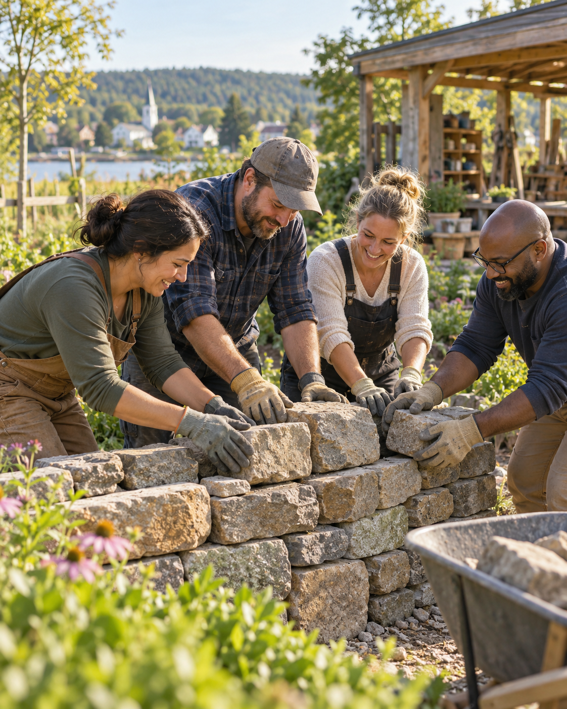 Four people working shoulder to shoulder to build a stone wall, reflecting shared purpose, service, and community.