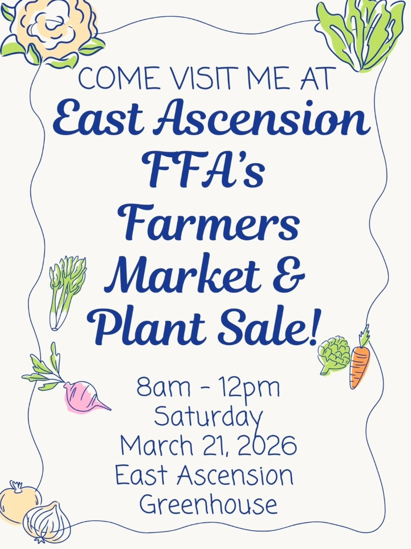 🗓 MARK YOUR CALENDARS!!! 🗓 March 21st, come by and check us out at EA's FFA Farmer's Market! We're so excited to be among the vendors participating. Don't forget to stock up on plants while you're there too.