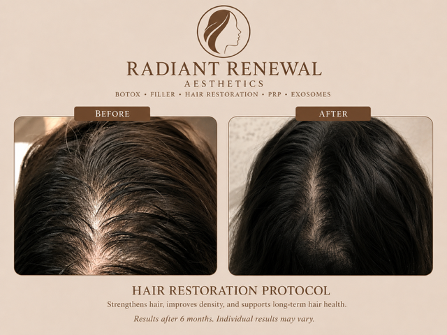 Before and after hair restoration treatment using PRP and exosomes to improve hair density and scalp health.