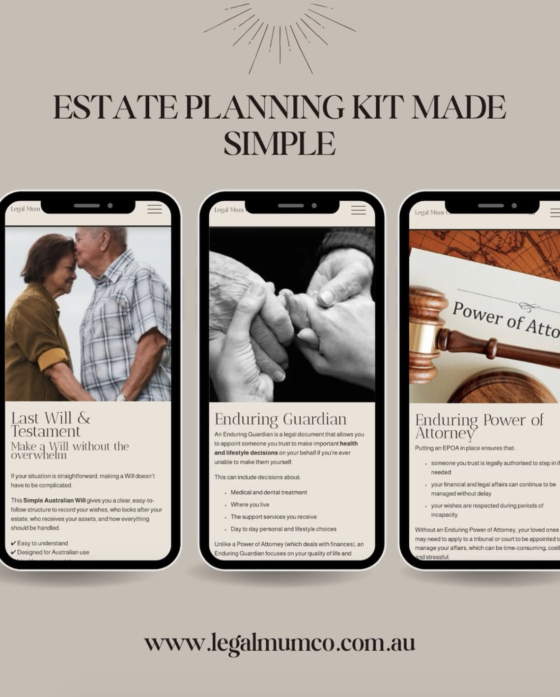 Advertisement for estate planning kits featuring images of elderly couples, hands holding, and a gavel with legal text, with a website www.legalmumco.com.au at the bottom.