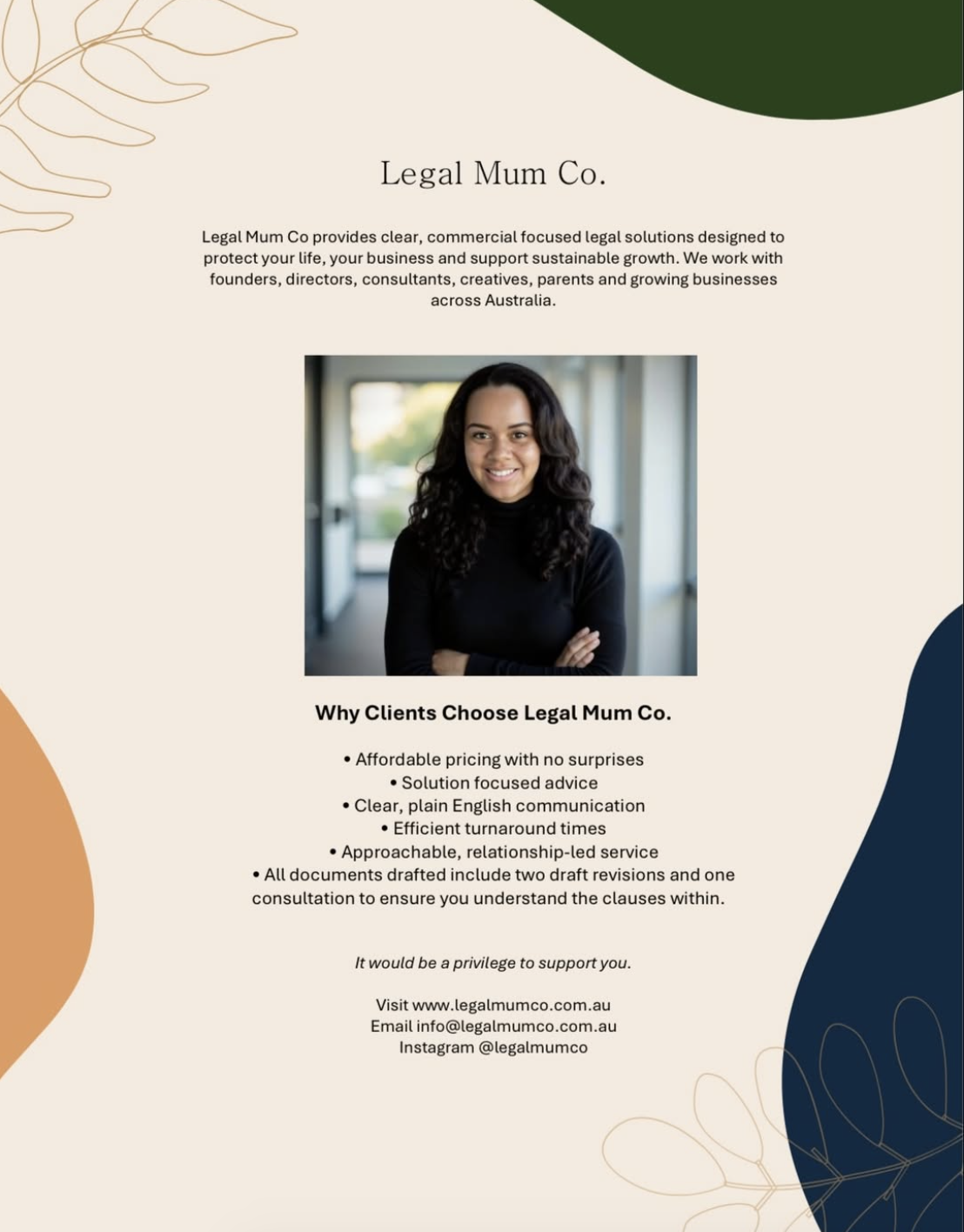 A flyer for Legal Mum Co., featuring a photo of a smiling woman with dark curly hair wearing a black top, standing in a modern office setting. The flyer outlines services and reasons why clients choose Legal Mum Co, including affordable pricing, solution-focused advice, clear communication, efficient turnaround times, approachable service, and documents with two draft revisions.