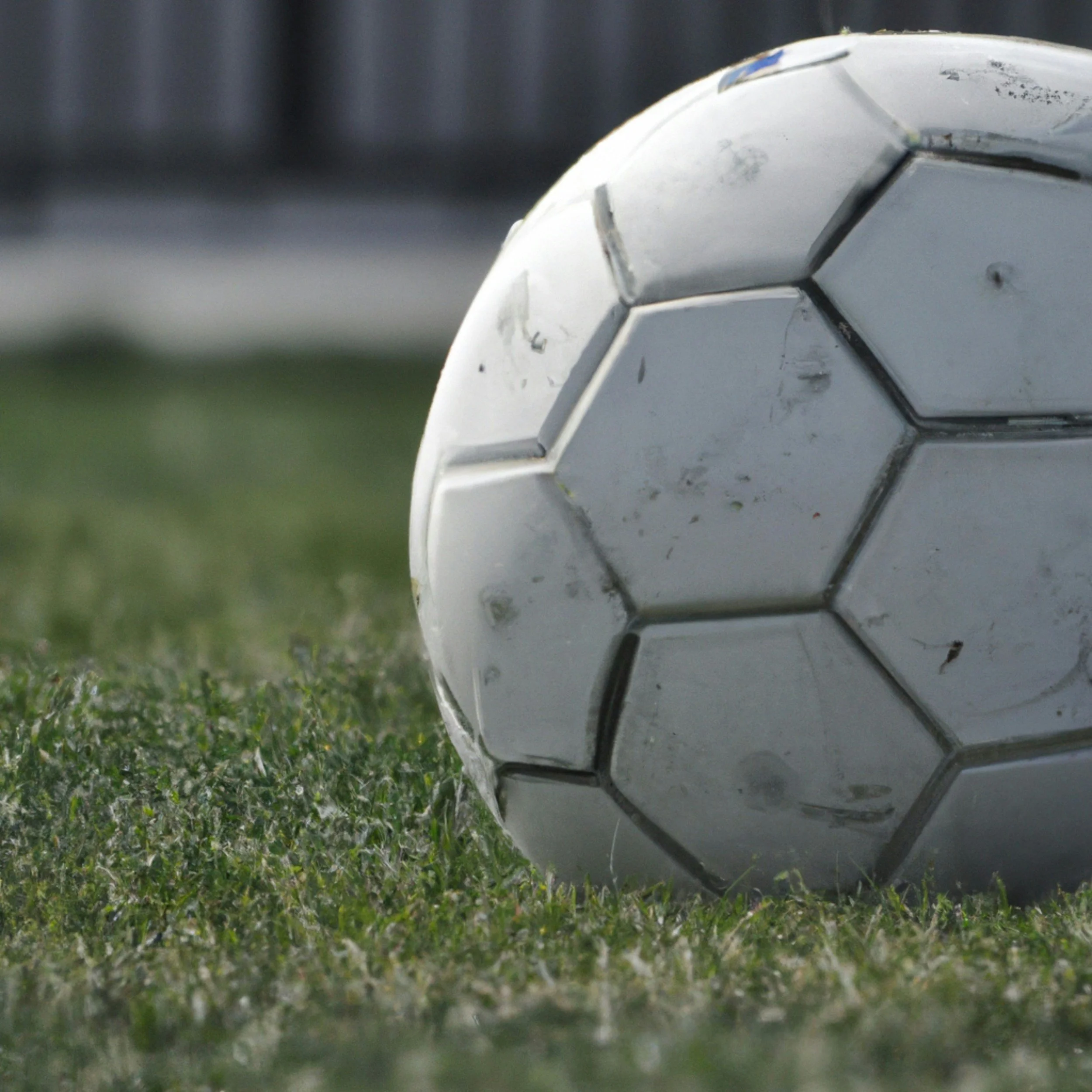 Close-up of a white soccer ball with black pentagon patterns on a grass field.