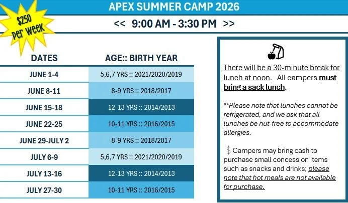 Schedule for Apex Summer Camp 2026, 9:00 AM to 3:30 PM, with dates, age groups, and the note about bringing a sack lunch and break details.