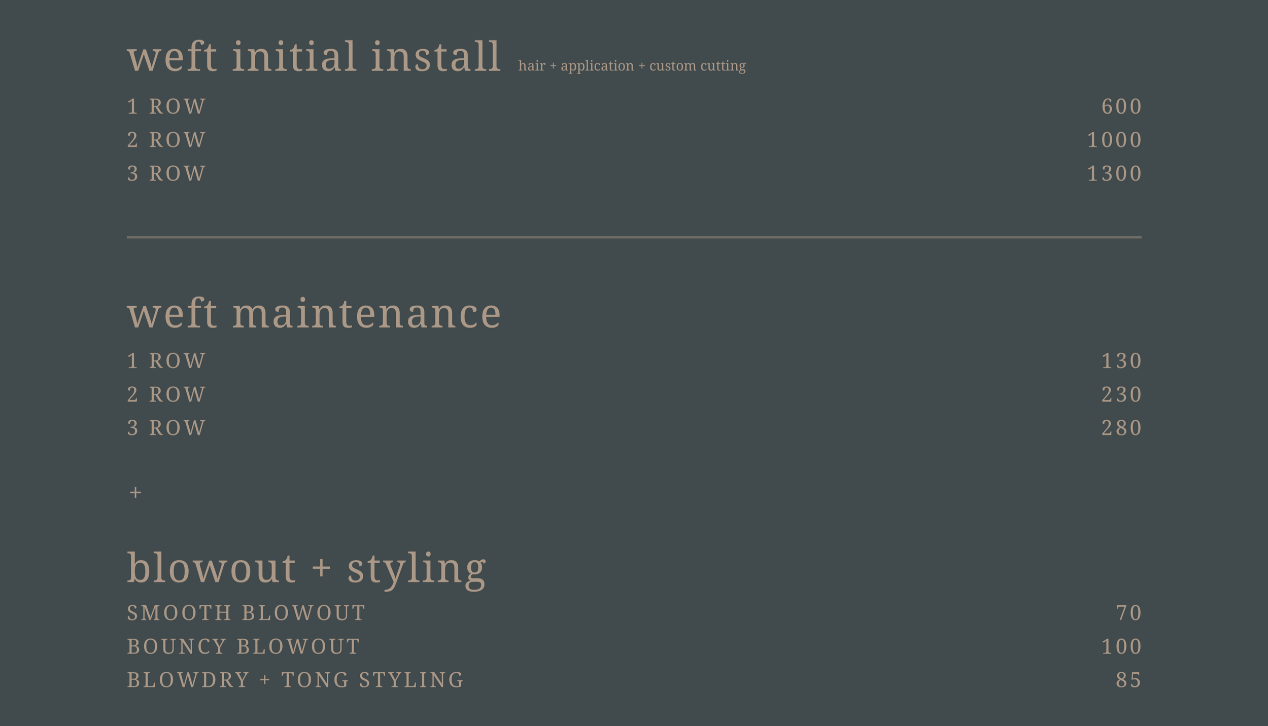 A pricing menu for a hair salon's initial install, maintenance, and styling services, with categories, descriptions, and prices listed in a minimalist style.