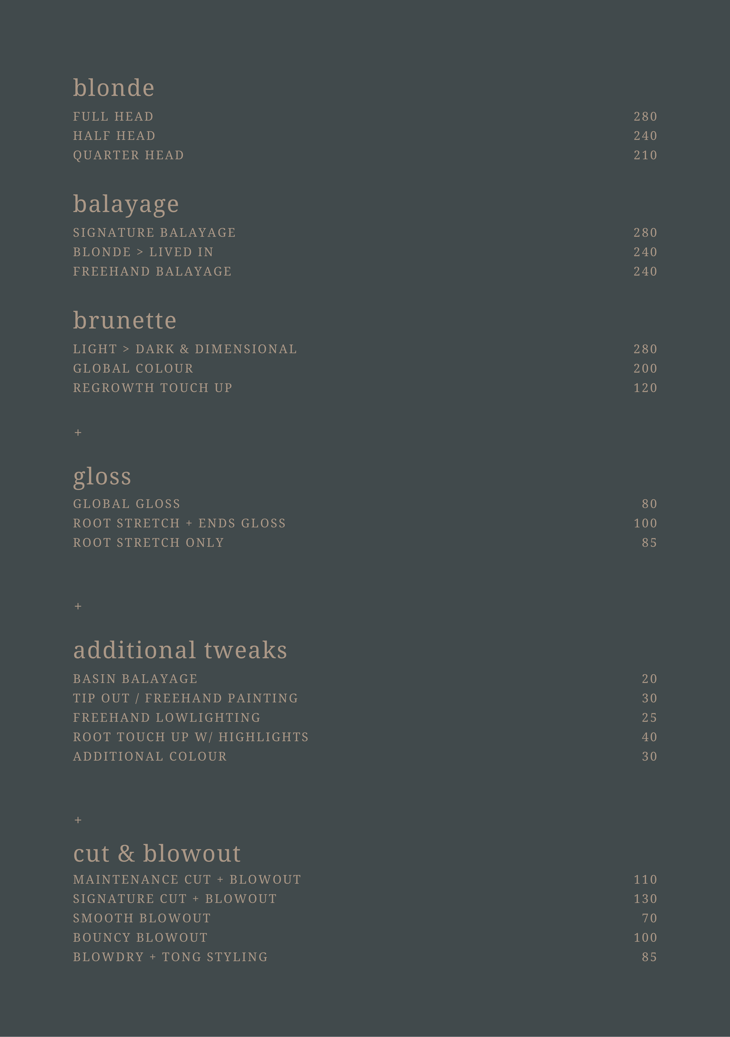 A hair salon menu with various hair services and prices, including options for blonde, balayage, brunette, gloss, additional tweaks, and cut & blowout.