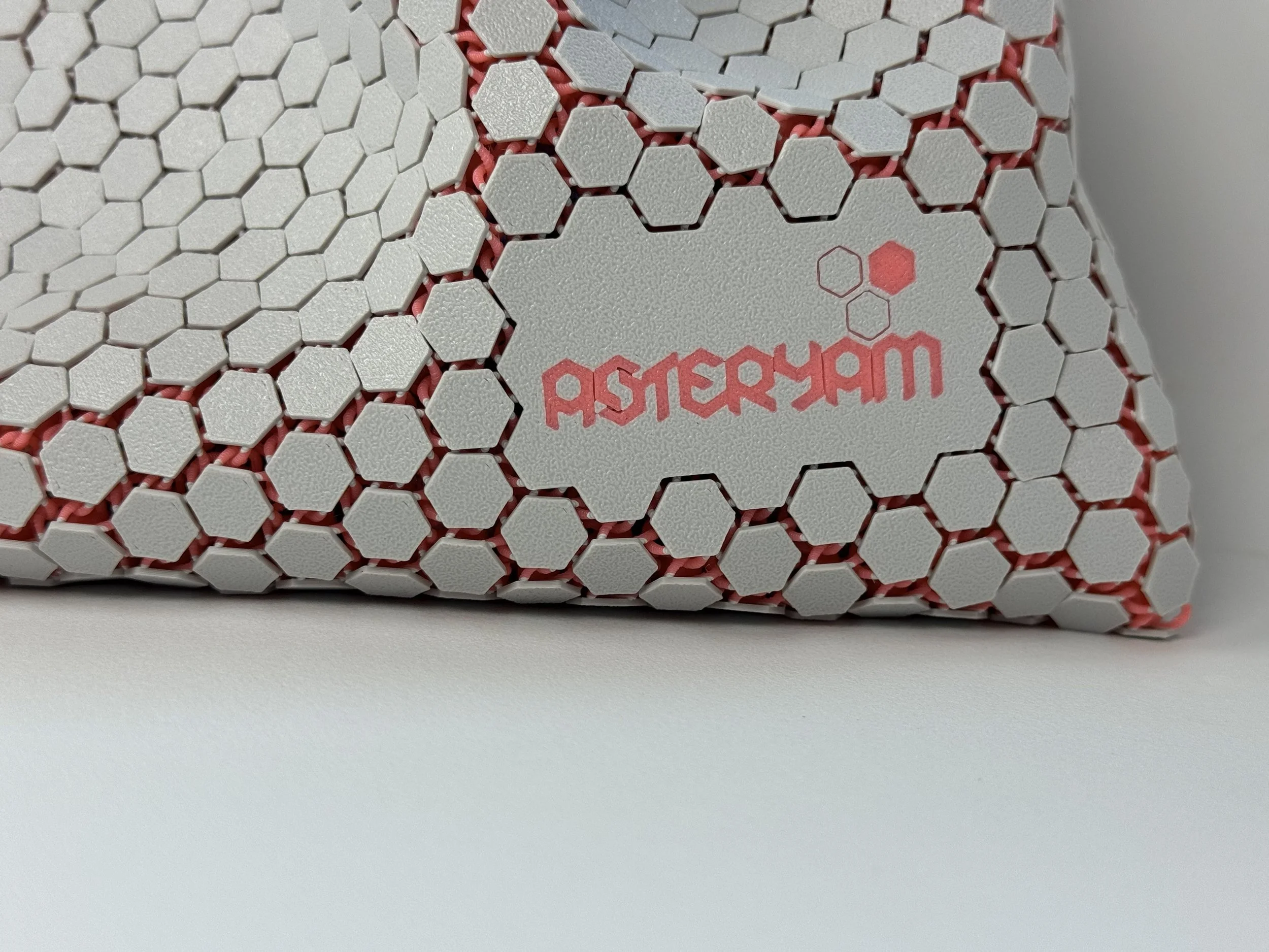 Macro shot of the 3D printed "Asteryam" logo on a grey hexagonal mesh background with pink accents.